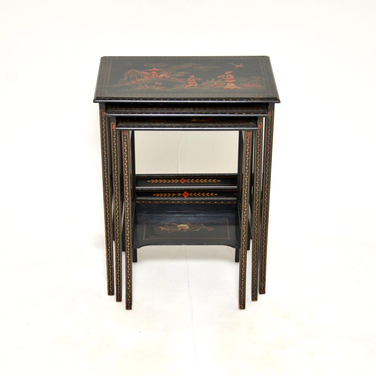 A beautiful antique Edwardian lacquered chinoiserie nest of tables. They were made in England in the oriental style, they date from around 1900-1920.

They are of lovely quality and are a useful set, looking great from all angles. They have