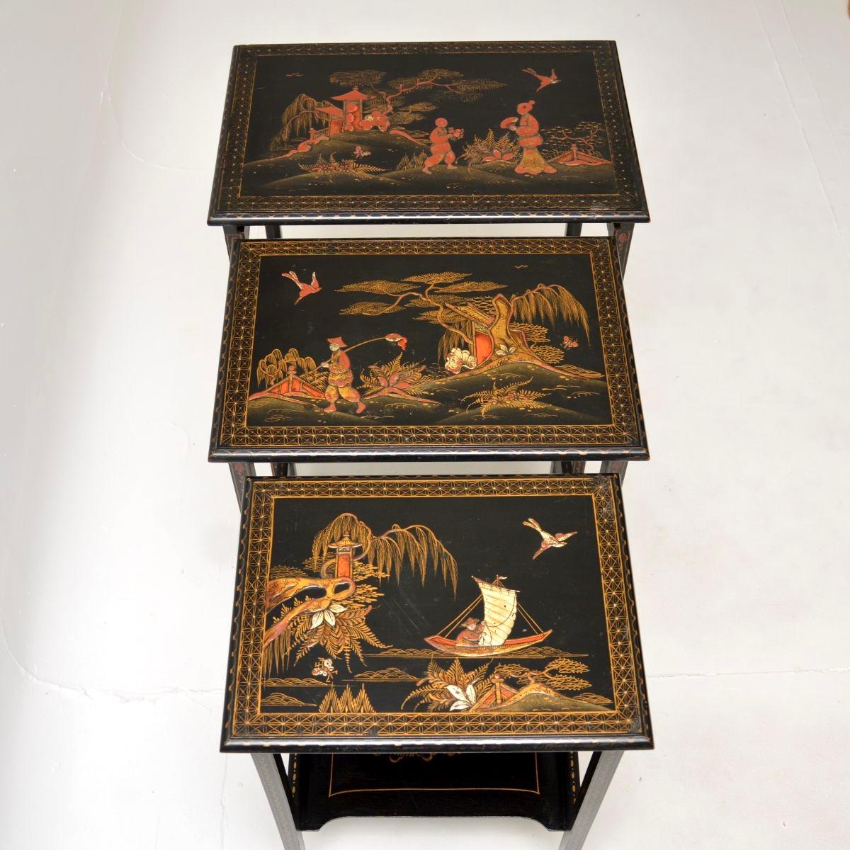 Wood Antique Edwardian Lacquered Chinoiserie Nest of Tables For Sale