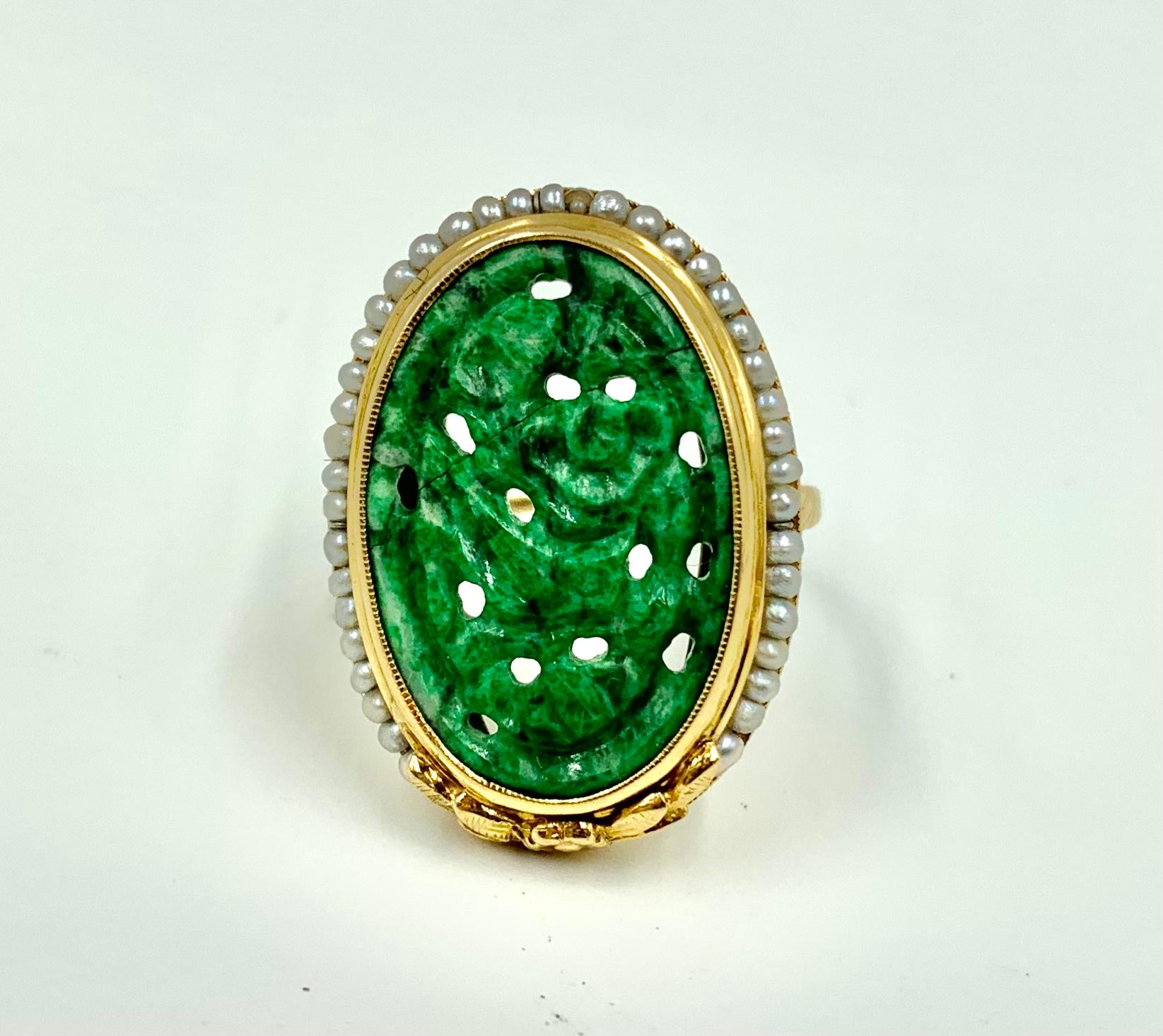 Antiker edwardianischer großer chinesischer geschnitzter Jade, Naturperle 14K Gelbgold Ring im Angebot 5