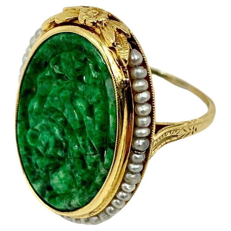 Antique Edwardian Large Chinese Carved Jade, Natural Pearl 14K Yellow Gold Ring  For Sale at 1stDibs