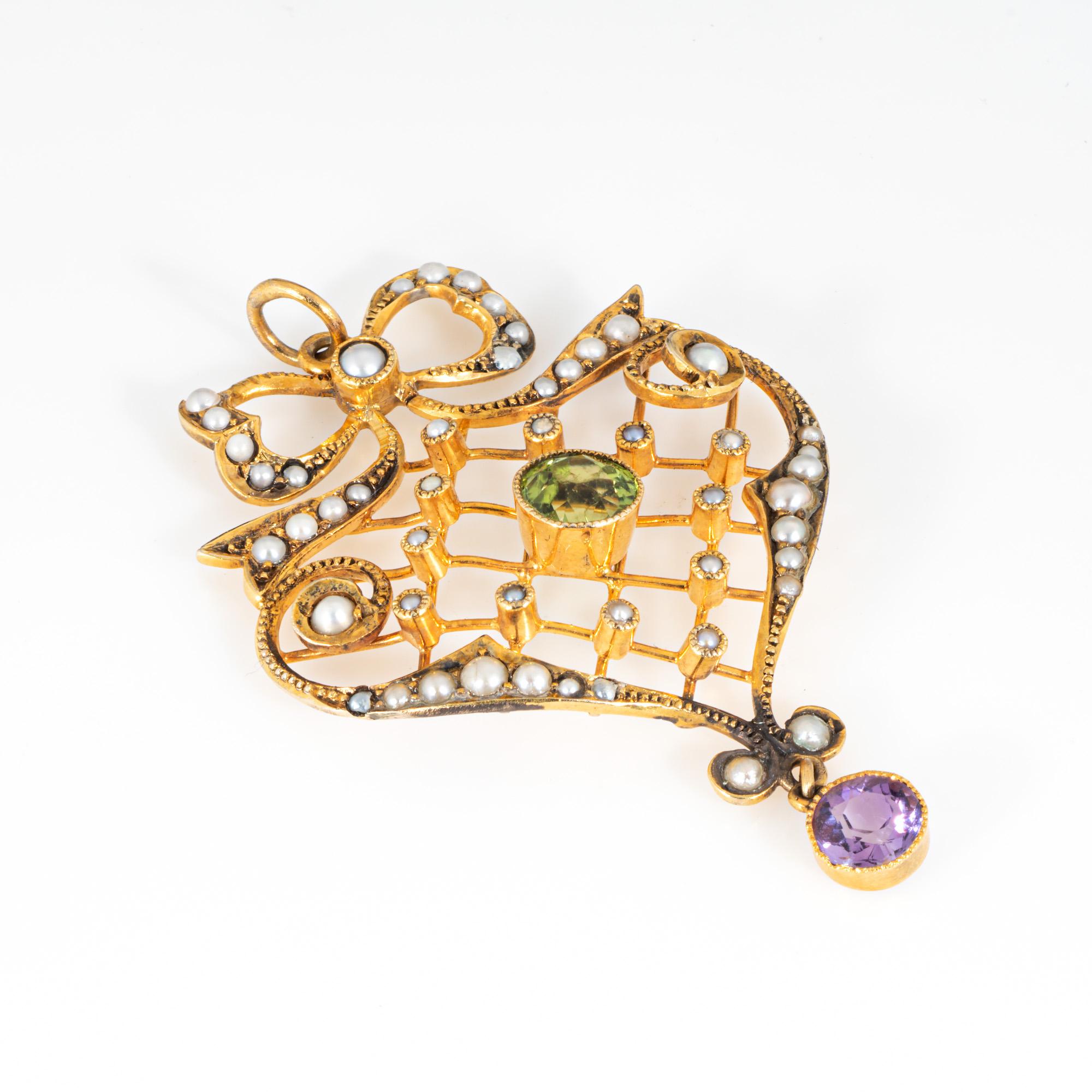 Round Cut Antique Edwardian Lattice Pendant Peridot Amethyst Seed Pearls 9k Yellow Gold