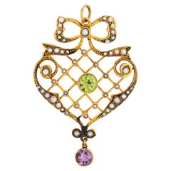 Antique Edwardian Lattice Pendant Peridot Amethyst Seed Pearls 9k Yellow Gold