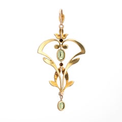 Antique Edwardian Lavalier Pendant Peridot Seed Pearls Vintage 18k Yellow Gold