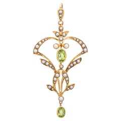 Antique Edwardian Lavalier Pendant Peridot Seed Pearls Vintage 18k Yellow Gold