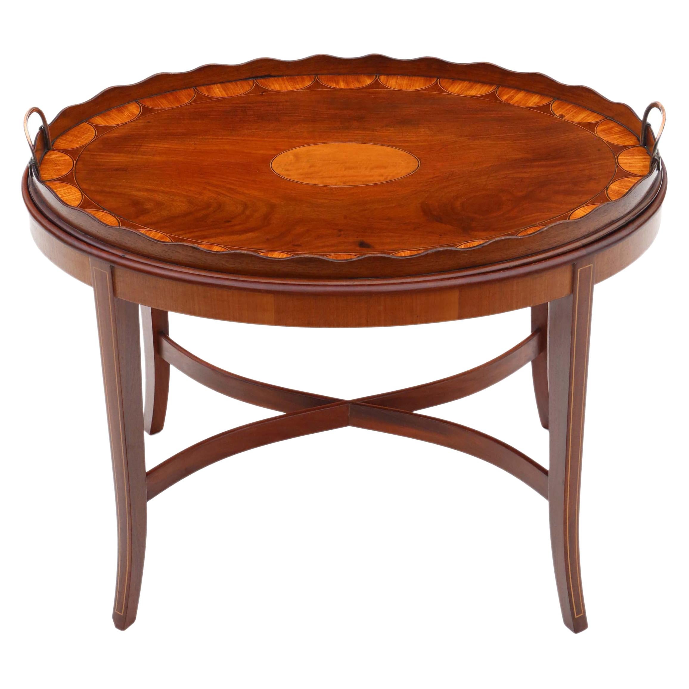 Antique Edwardian Mahogany and Satin Walnut Tray on Stand Coffee Table
