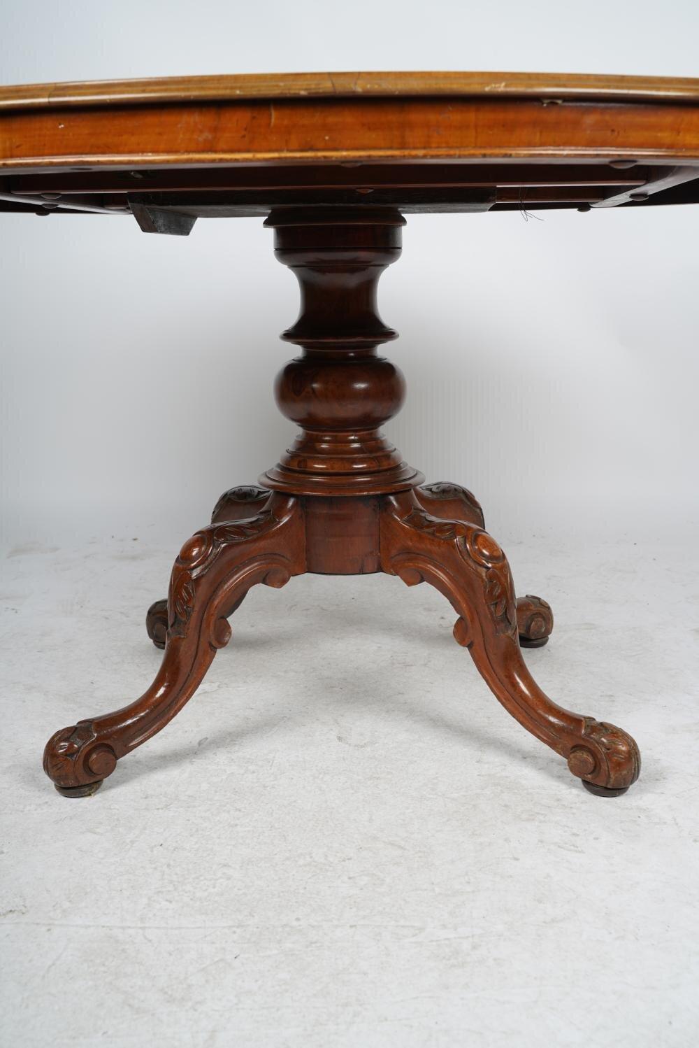 Hand-Carved Antique Edwardian Mahogany & Burl Walnut Hand Carved Pedestal Dining Table For Sale