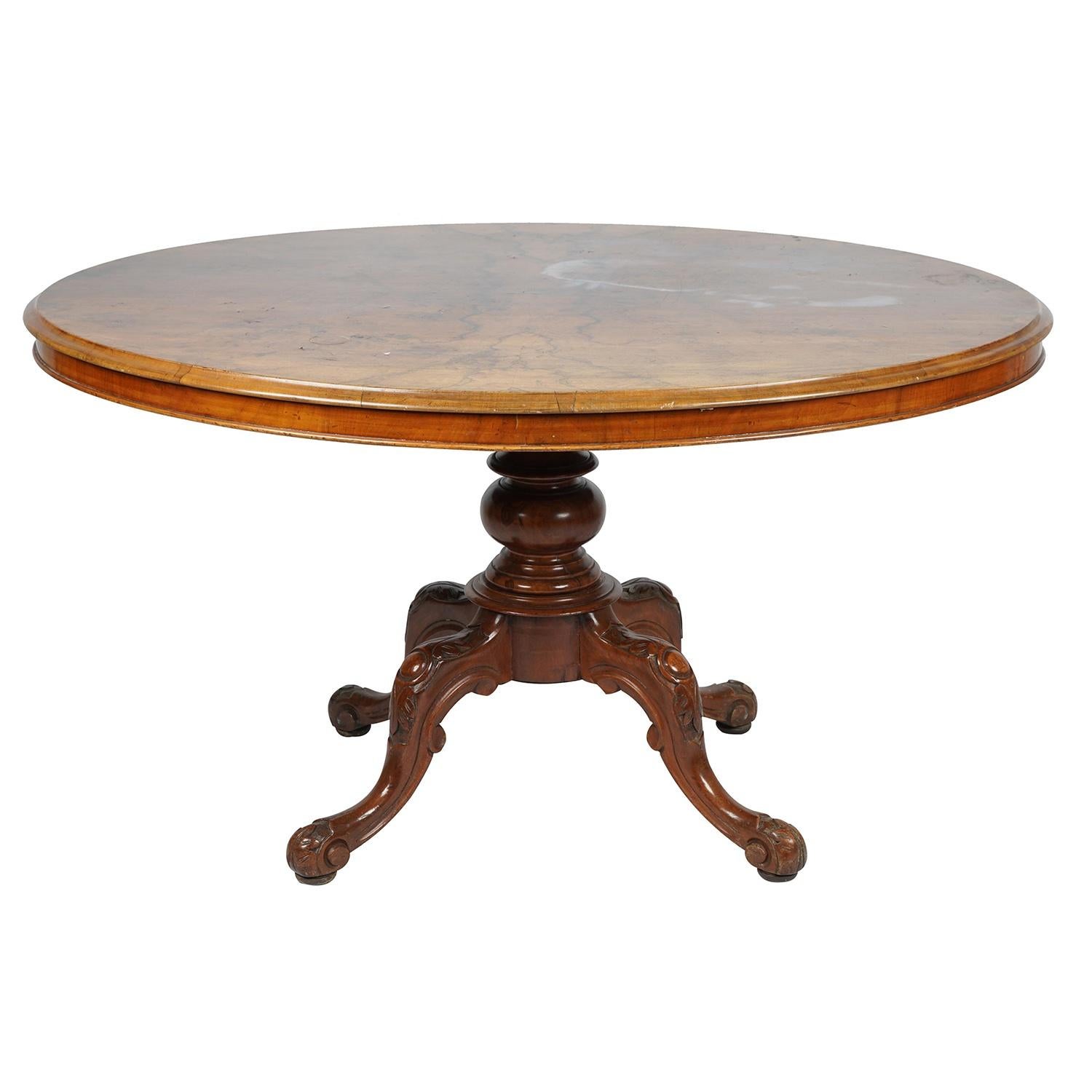 19th Century Antique Edwardian Mahogany & Burl Walnut Hand Carved Pedestal Dining Table For Sale