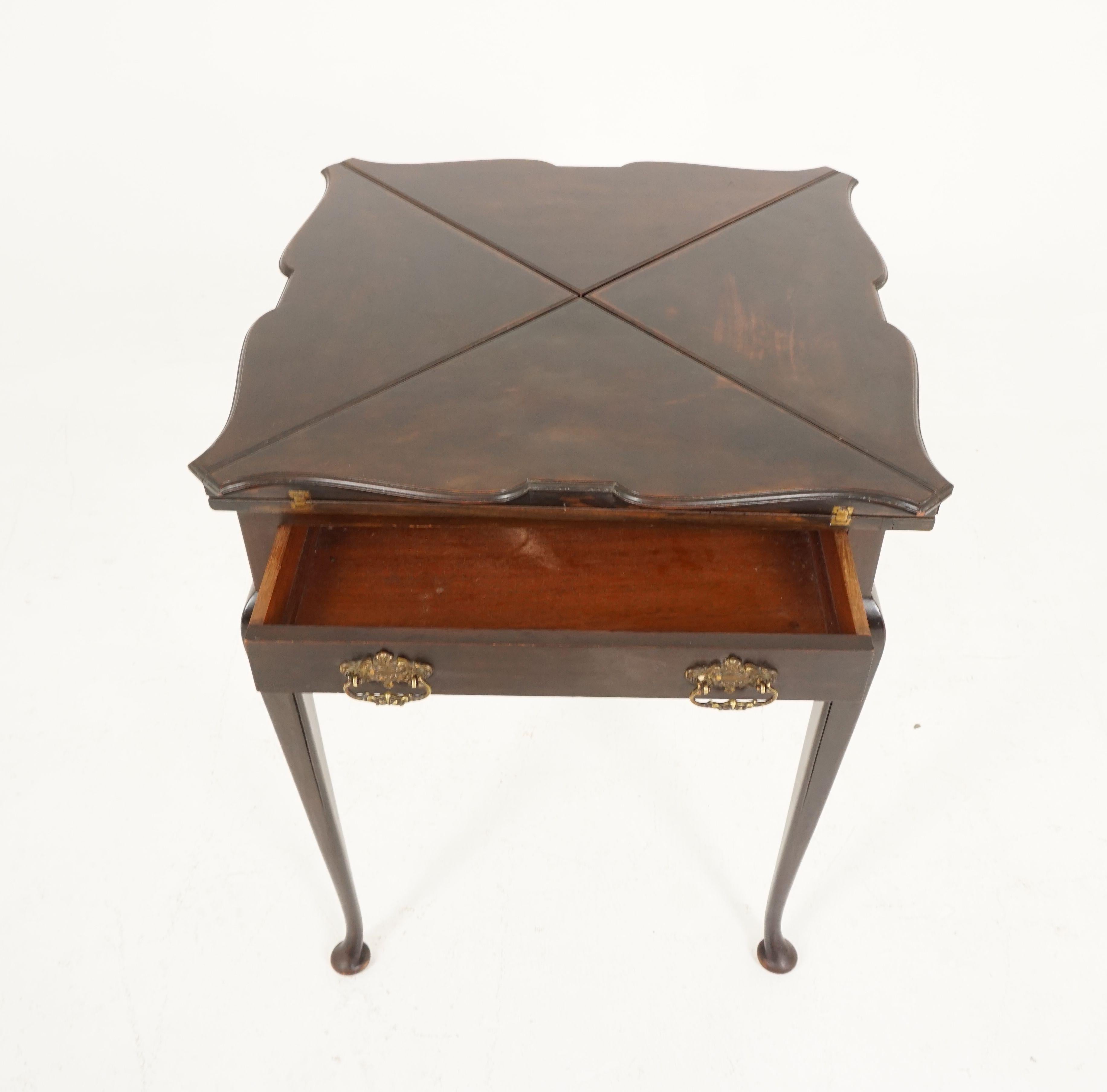 Antique Edwardian walnut envelope games table, Scotland 1910, B2381

Scotland 1910
Solid walnut
Original finish
The square top is divided into four triangular sections like the back of an envelope
Turn the top and fold open to make a square games