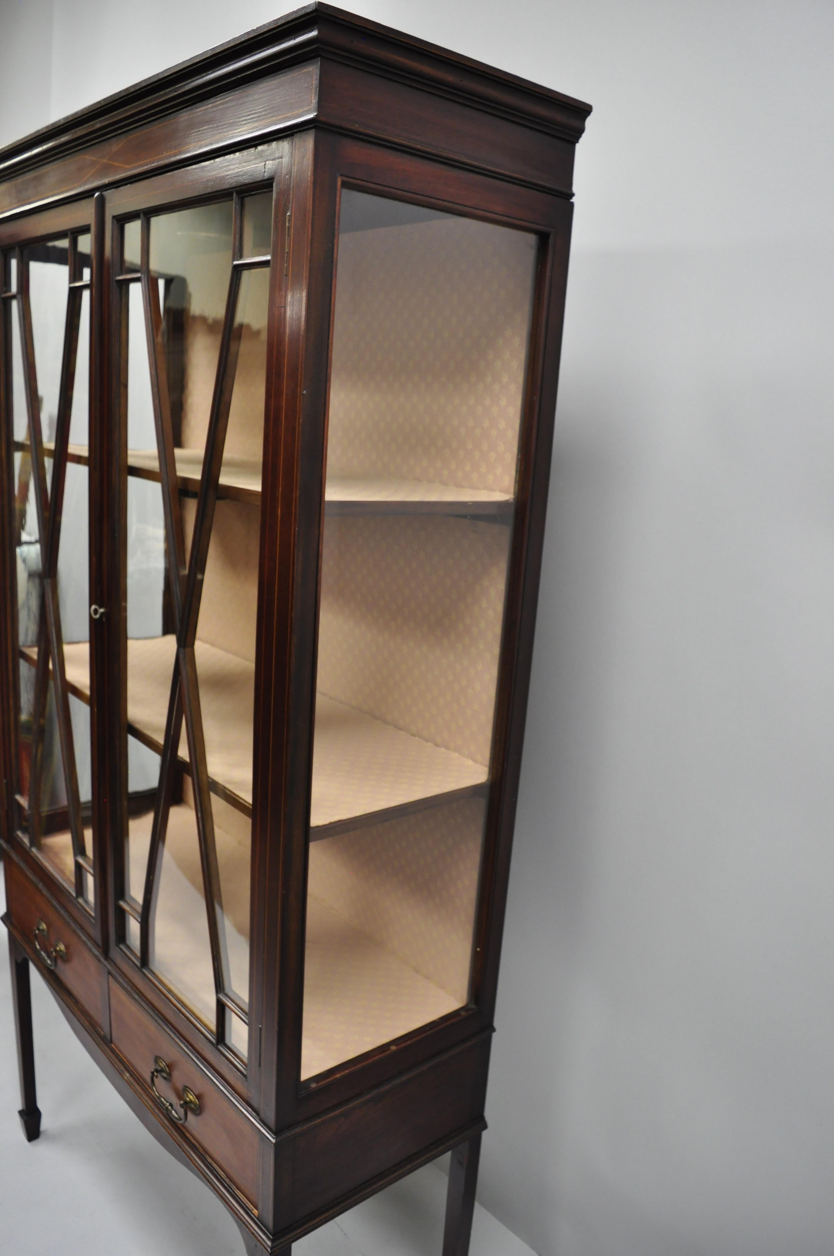 Antique Edwardian Mahogany Inlaid China Cabinet Two-Door Curio Bookcase Display 1