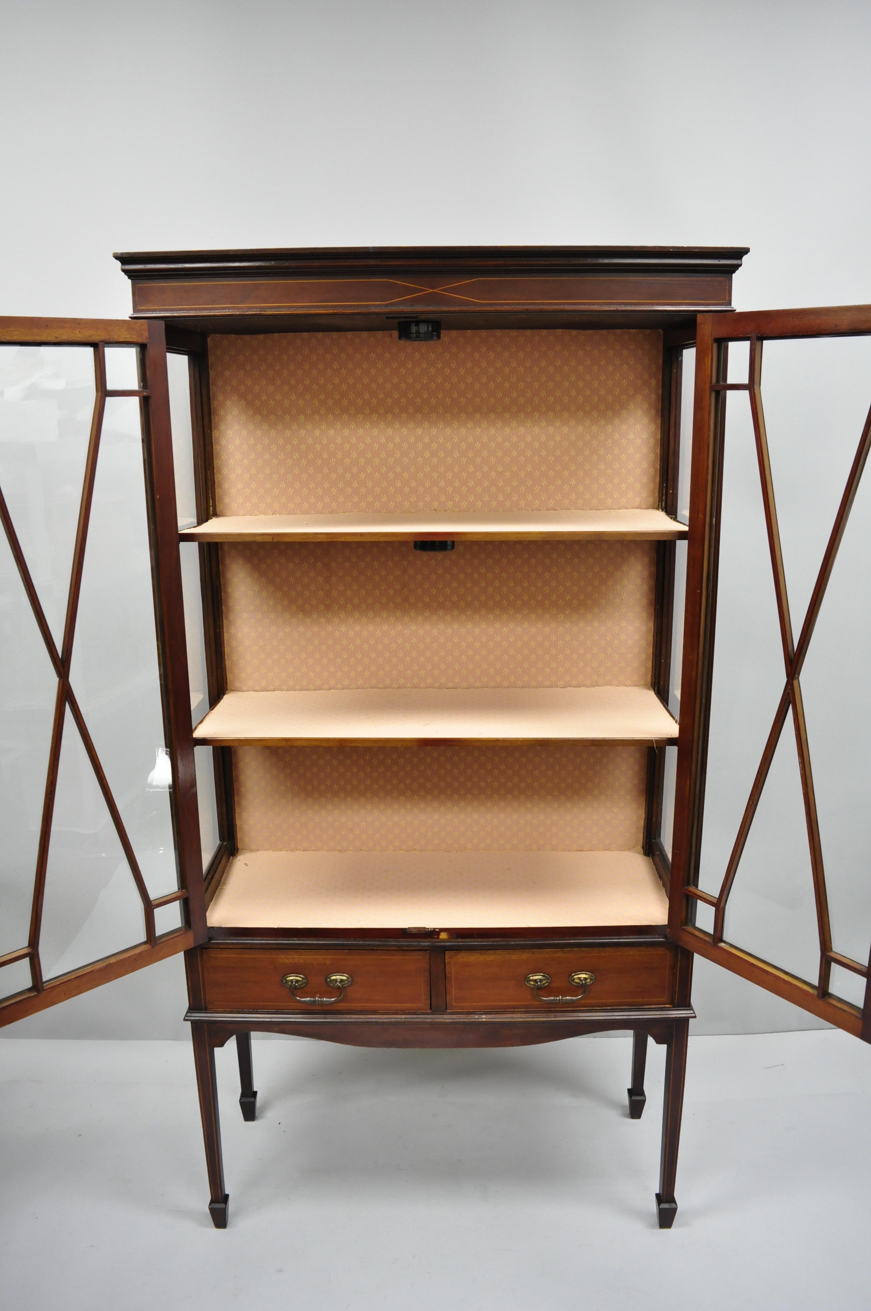 Antique Edwardian Mahogany Inlaid China Cabinet Two-Door Curio Bookcase Display 3