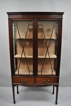 Antique Edwardian Mahogany Inlaid China Cabinet Two-Door Curio Bookcase Display