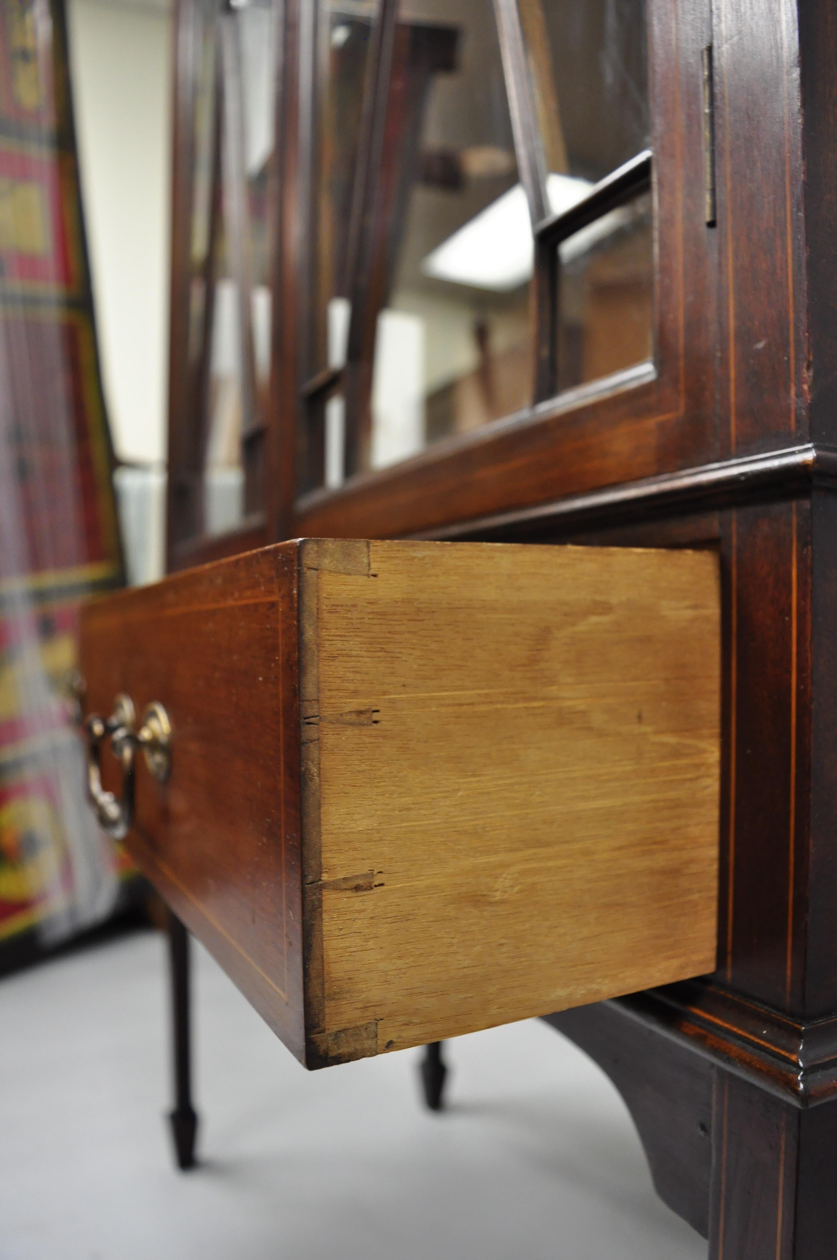 19th Century Antique Edwardian Mahogany Inlaid China Cabinet Two-Door Curio Bookcase Display