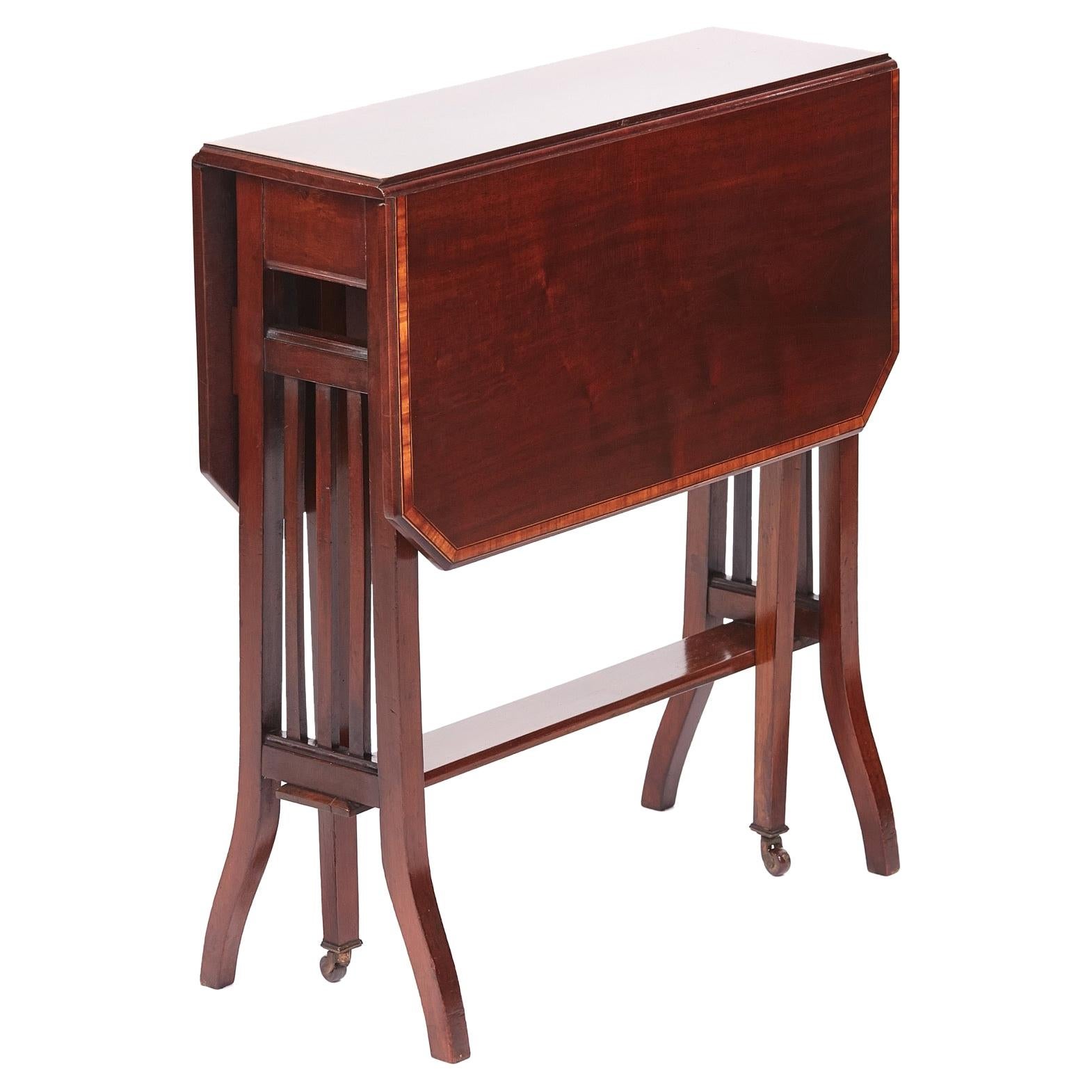 Ancienne table Sutherland de l'époque édouardienne en acajou marqueté à feuilles tombantes