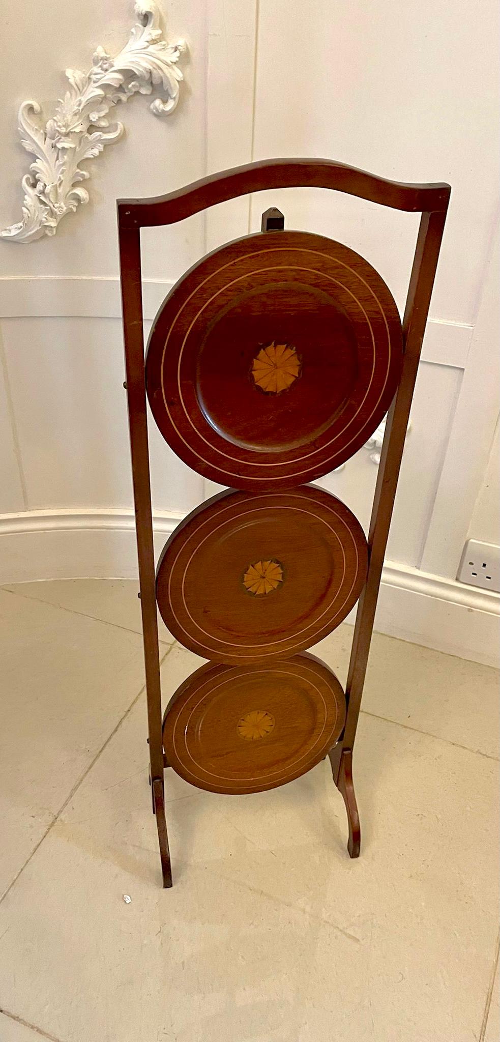 20th Century Antique Edwardian Mahogany Inlaid Folding Cake Stand For Sale