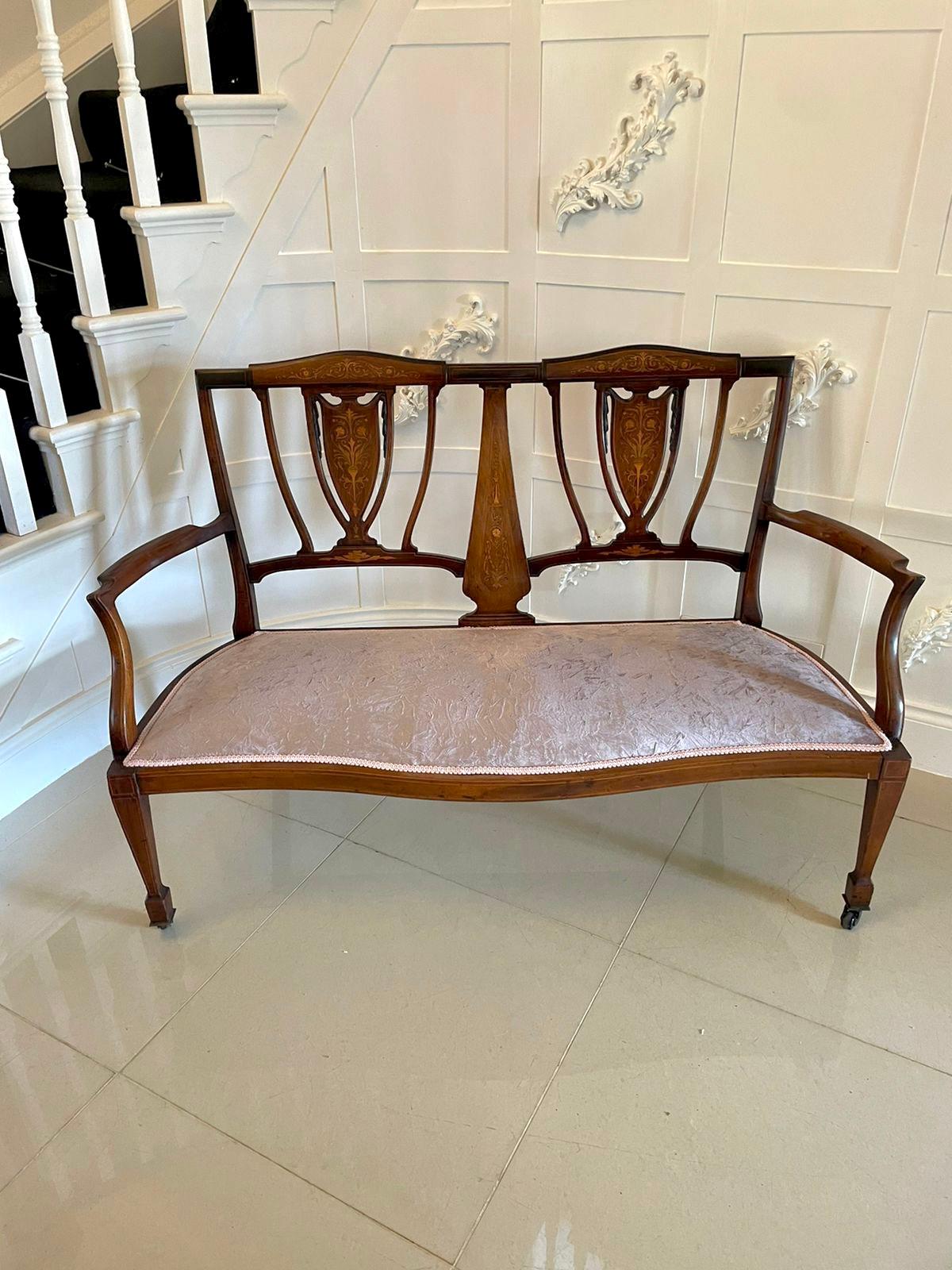 Antique Edwardian mahogany inlaid settee sofa which has a lovely inlaid shaped top rail, lovely inlaid shaped splats, shaped open arms, newly recovered seat, standing on square tapering legs with spade feet to the front out swept back legs, original