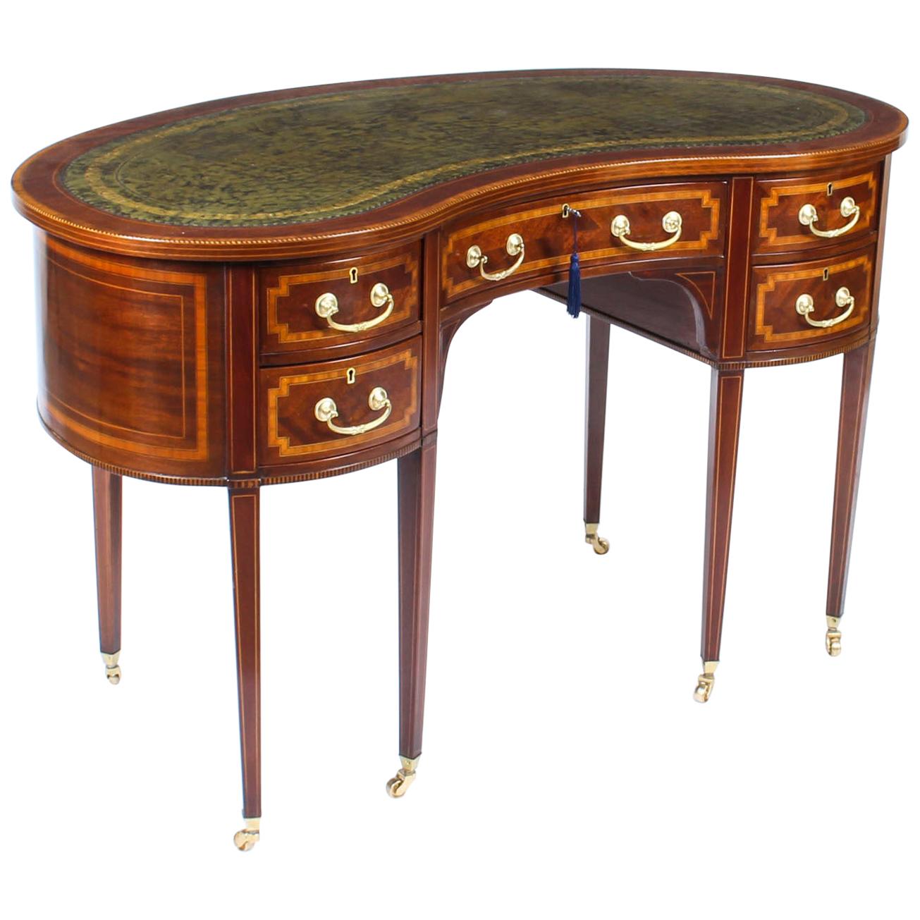 Antique Edwardian Mahogany Kidney Desk Writing Table, Early 20th Century