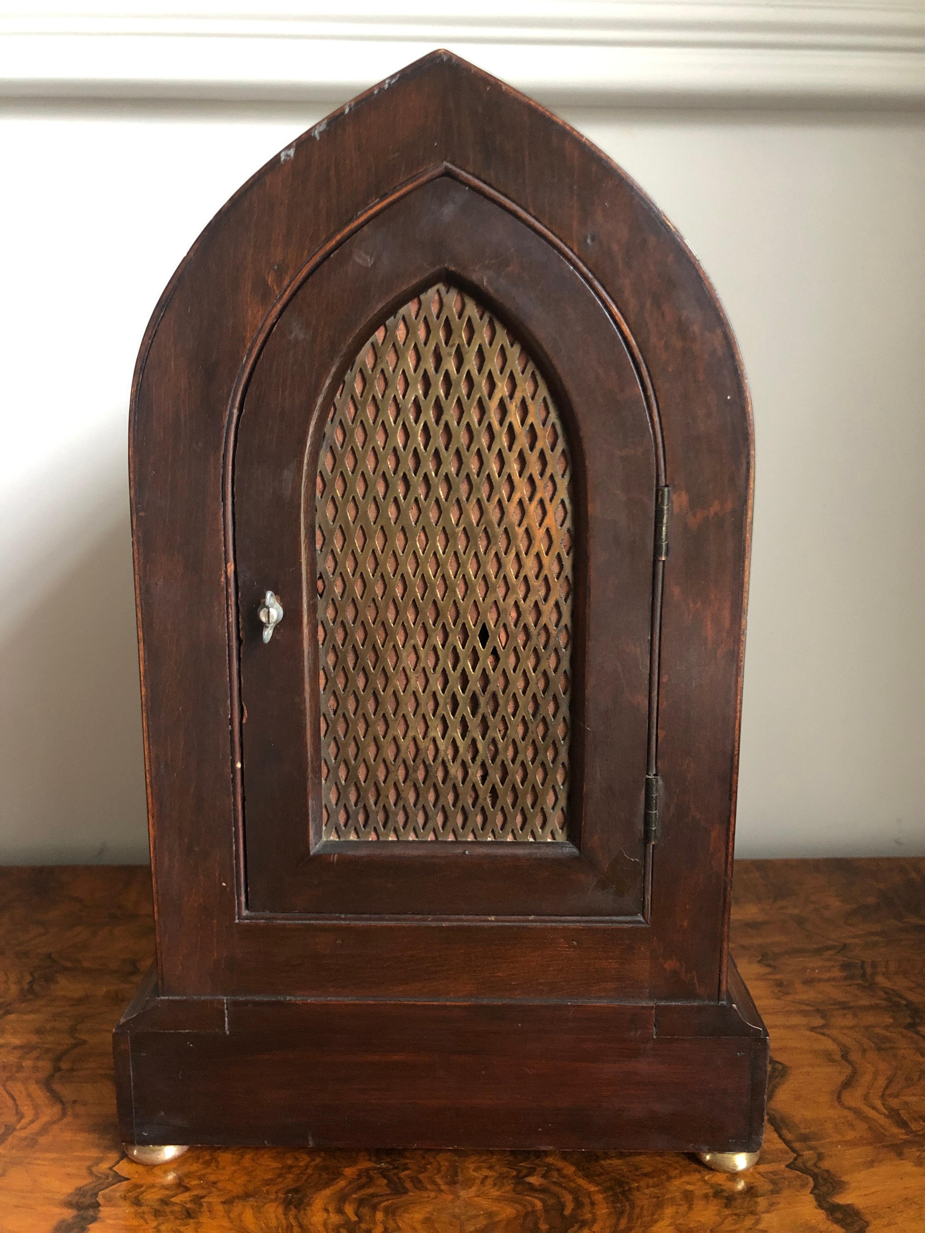 Antique Edwardian Mahogany Lancet Top Mantel Clock For Sale 3