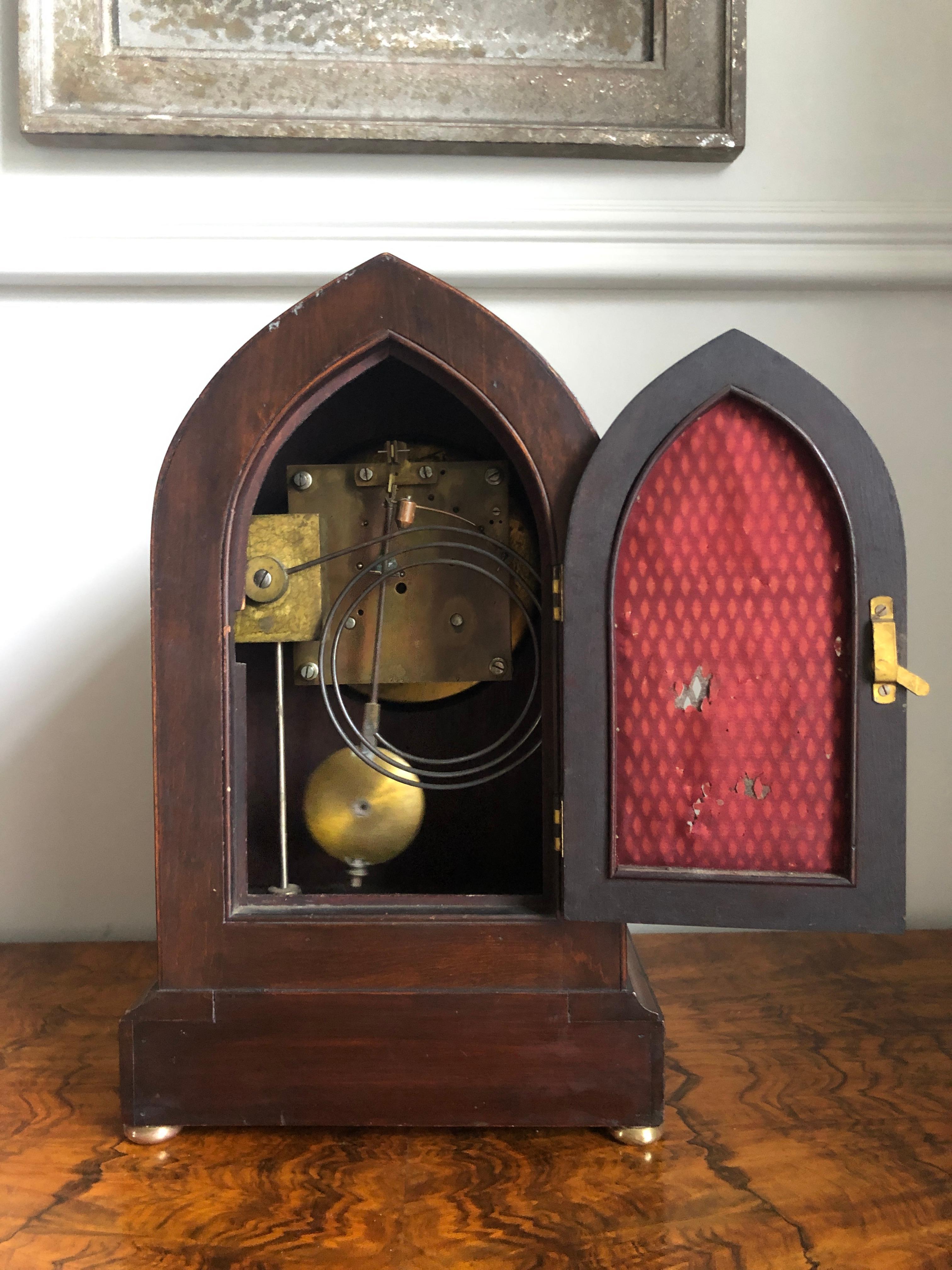 Antique Edwardian Mahogany Lancet Top Mantel Clock For Sale 4