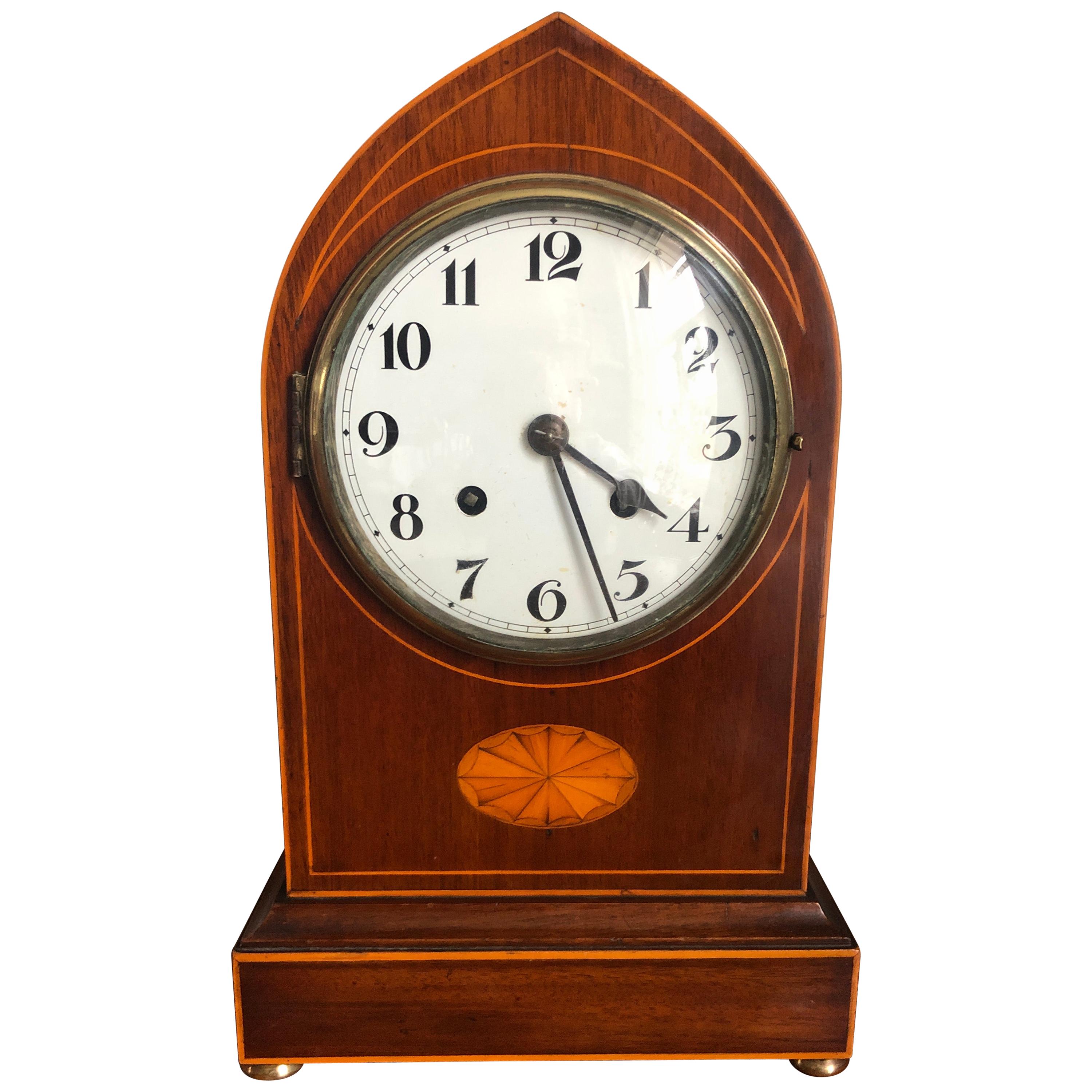 Antique Edwardian Mahogany Lancet Top Mantel Clock For Sale