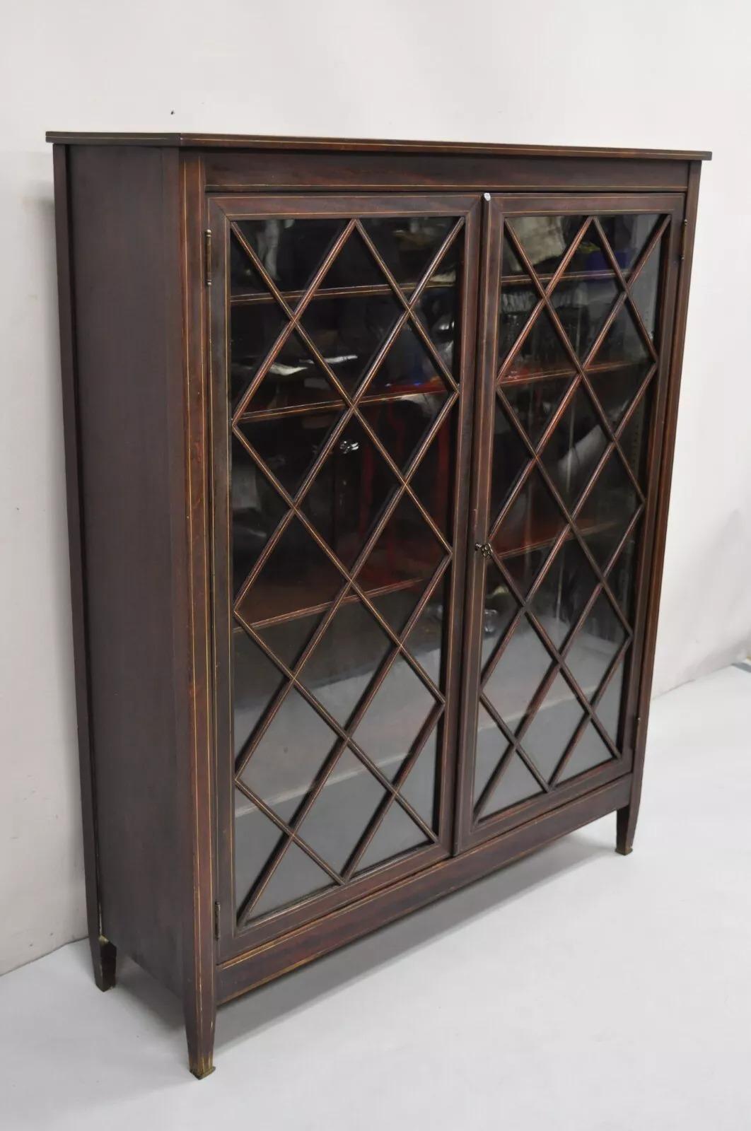 Antigua librería eduardiana de caoba con incrustaciones de celosía de 2 puertas y 52