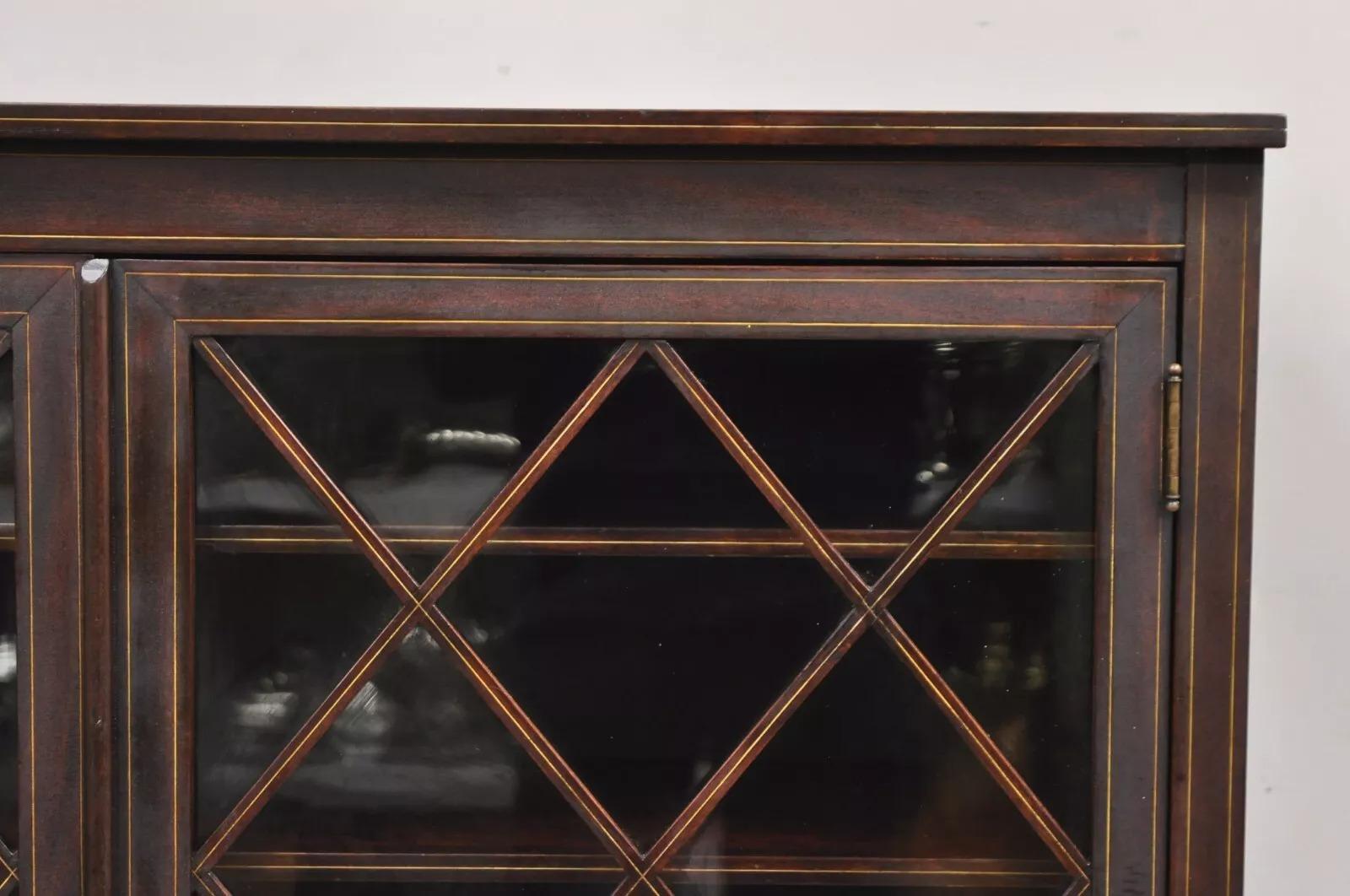 Antigua librería eduardiana de caoba con incrustaciones de celosía de 2 puertas y 52