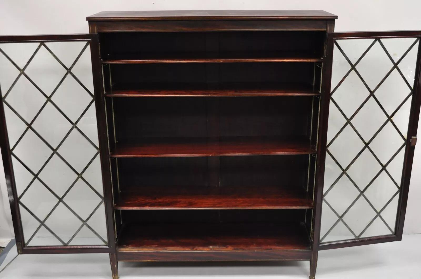 Antigua librería eduardiana de caoba con incrustaciones de celosía de 2 puertas y 52