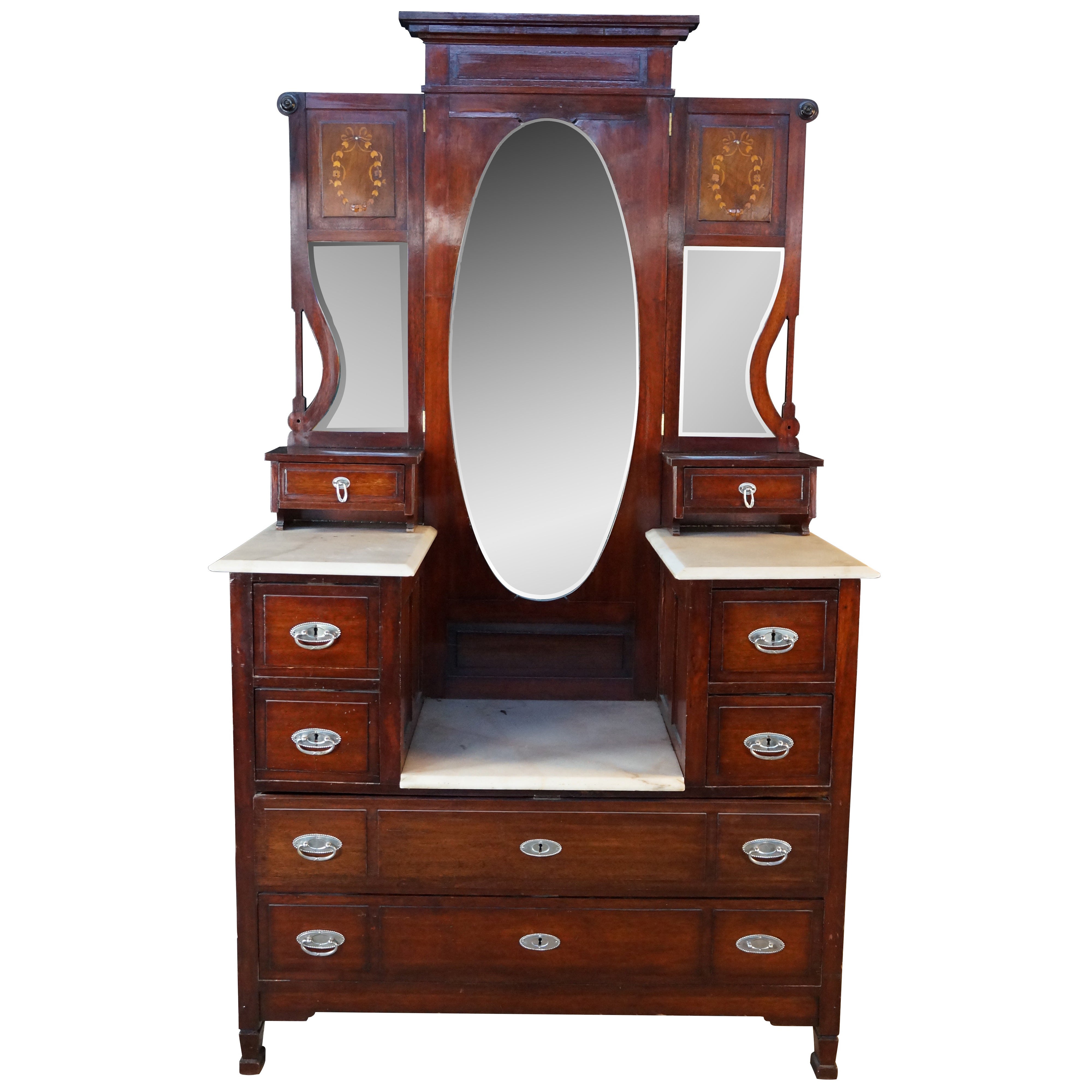 Antique Edwardian Mahogany Marble Top Drop Center Dressing Table Vanity 46"