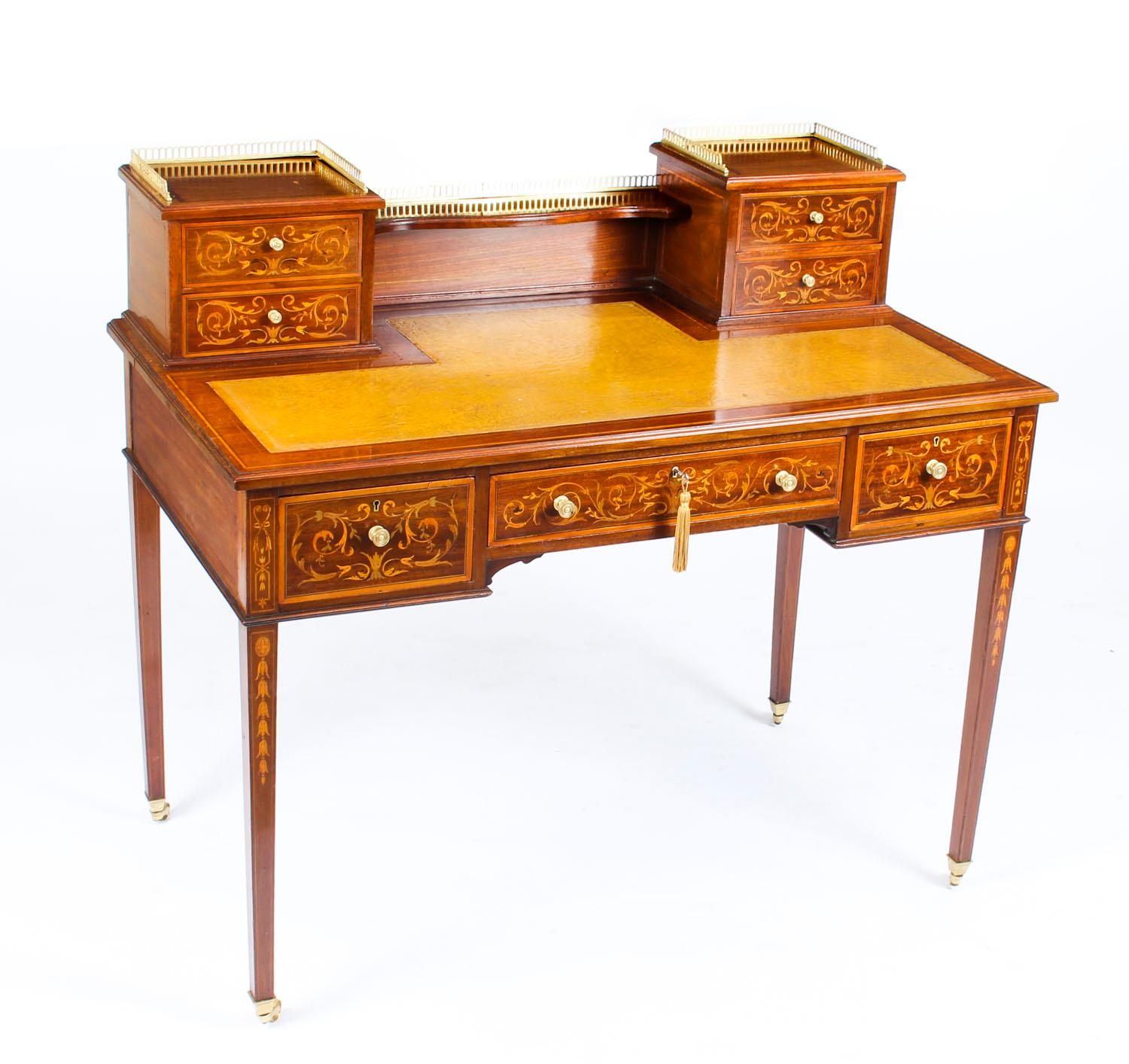 Antique Edwardian Mahogany and Marquetry Writing Table Desk, Early 20th Century 13