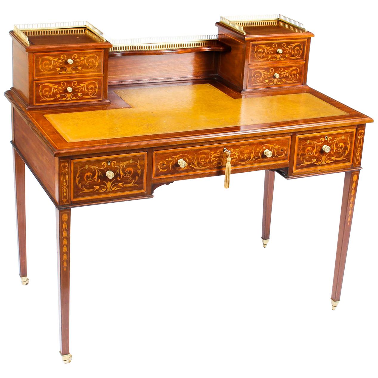 Antique Edwardian Mahogany and Marquetry Writing Table Desk, Early 20th Century
