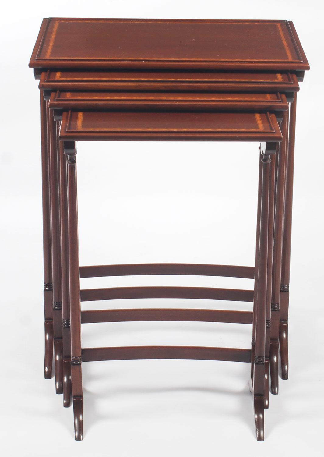 An Edwardian mahogany quartetto of tables, satinwood banded, boxwood and ebony strung. Measures: Largest width 56 cm.

This is a beautiful antique set of Edwardian mahogany quartetto tables, circa 1890 in date.

The nest consists of a set of four