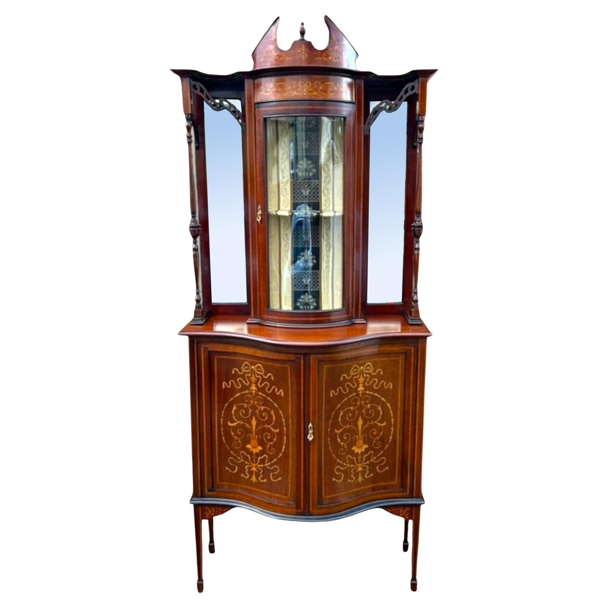Antico mobile da esposizione e credenza in mogano e legno satinato intarsiato in vetro in vendita