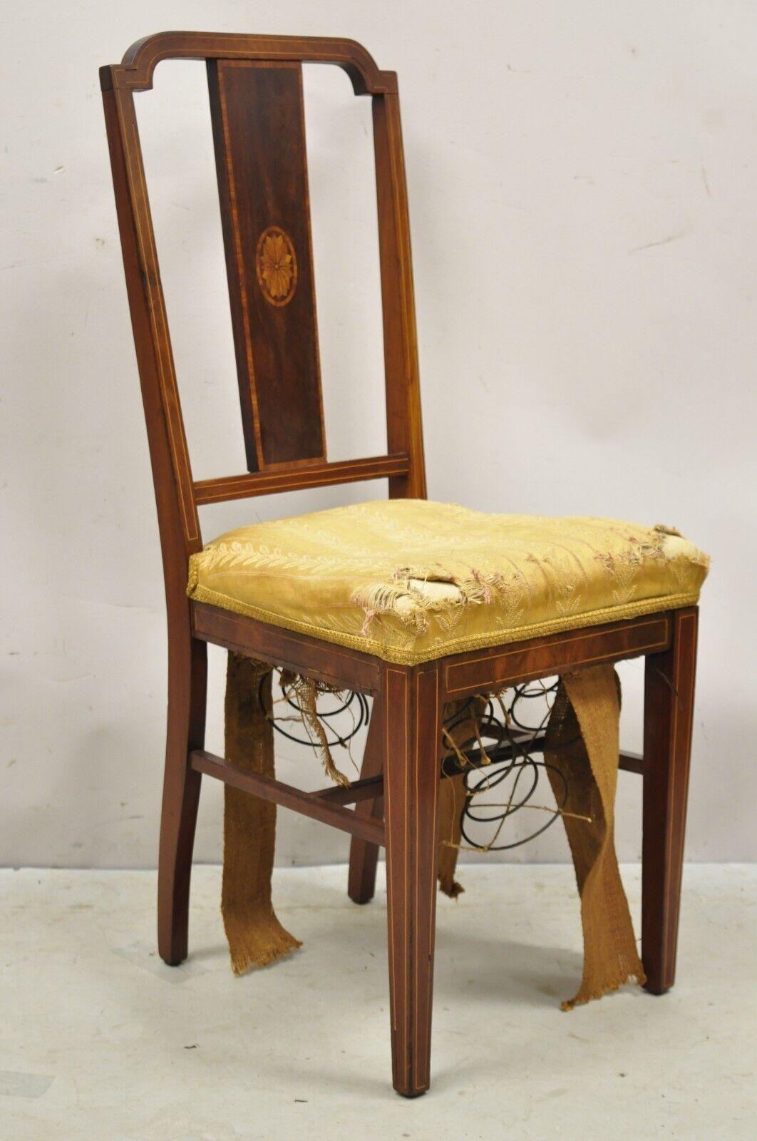 Antique Edwardian Mahogany Side Chair with Pencil and Pinwheel Inlay. Item features a solid wood frame, beautiful wood grain, nice inlay, very nice antique item, great style and form. Circa Early 1900s. Measurements: 37