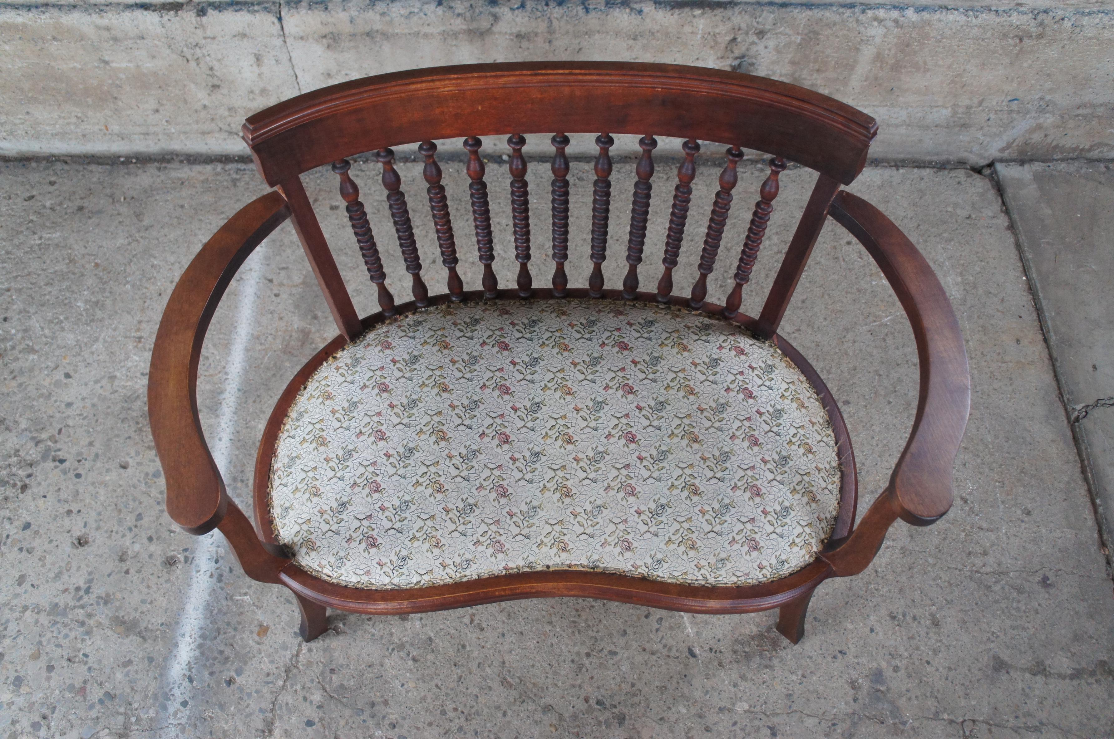 Antique Edwardian Mahogany Spindled Barrel Back Kidney Shaped Floral Seat Settee For Sale 6