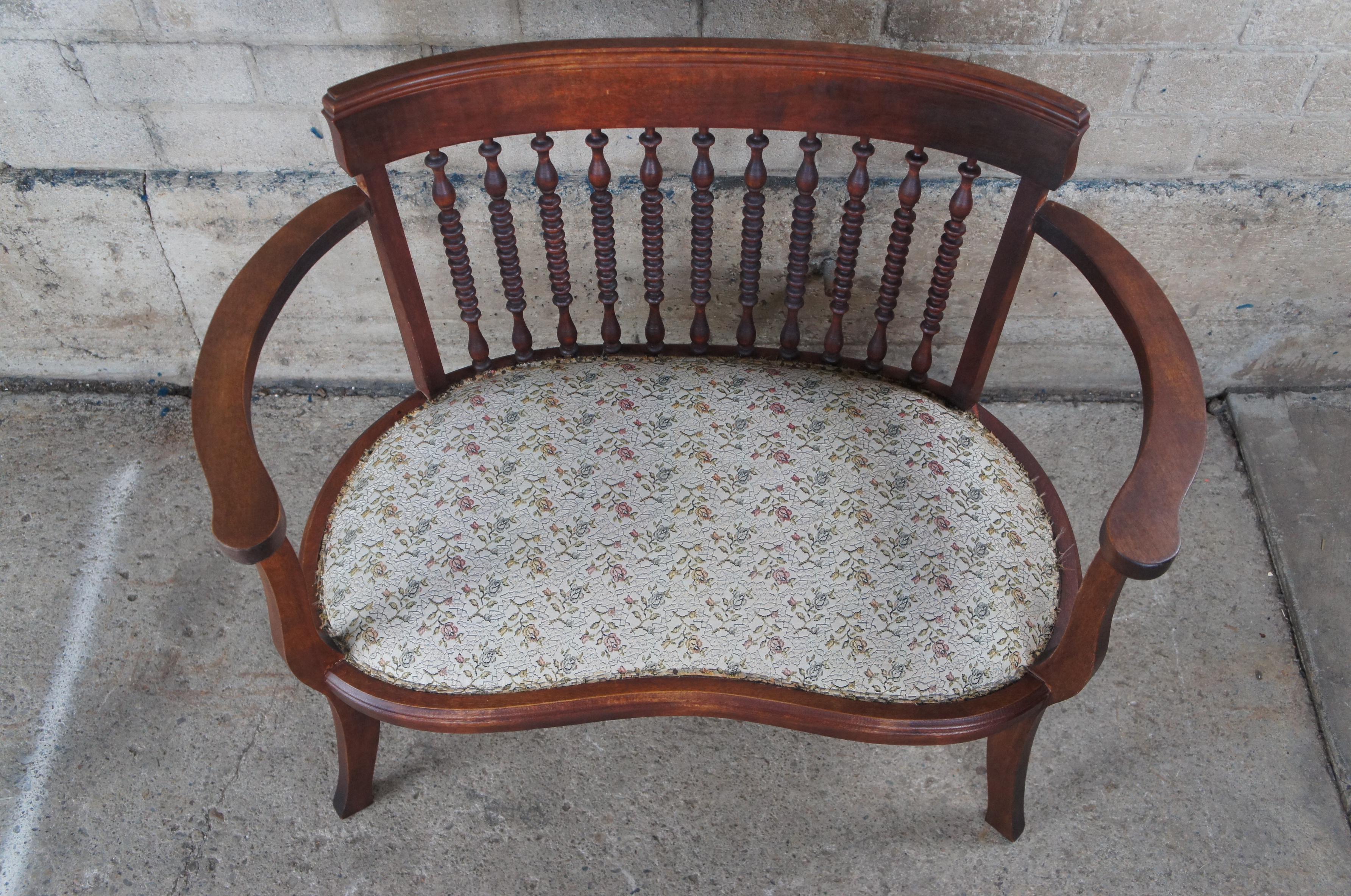 20th Century Antique Edwardian Mahogany Spindled Barrel Back Kidney Shaped Floral Seat Settee