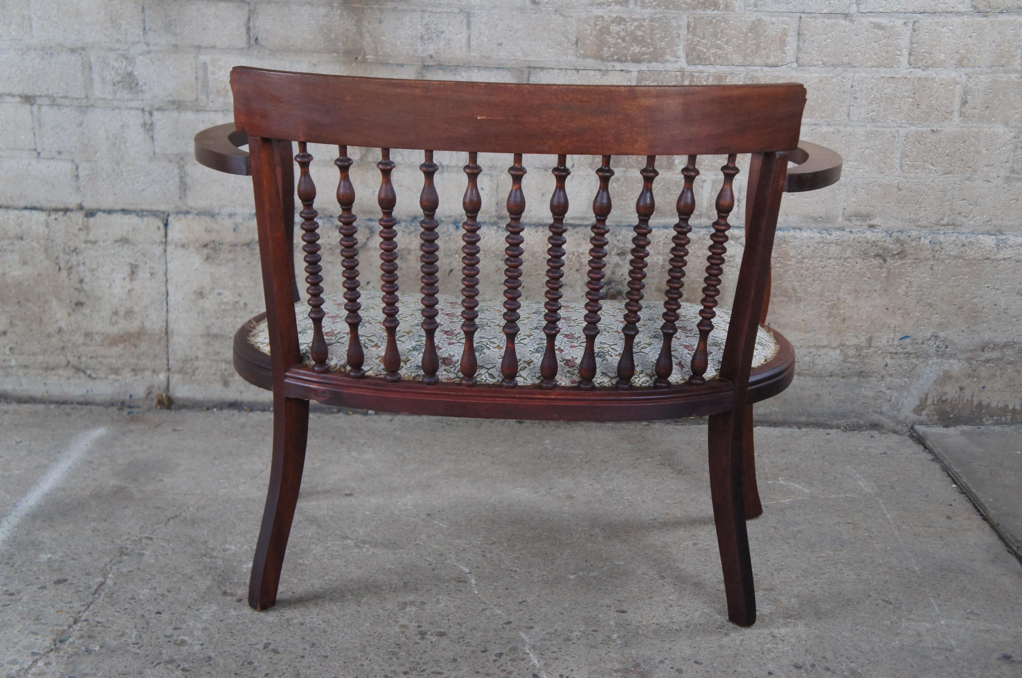 Antique Edwardian Mahogany Spindled Barrel Back Kidney Shaped Floral Seat Settee For Sale 3