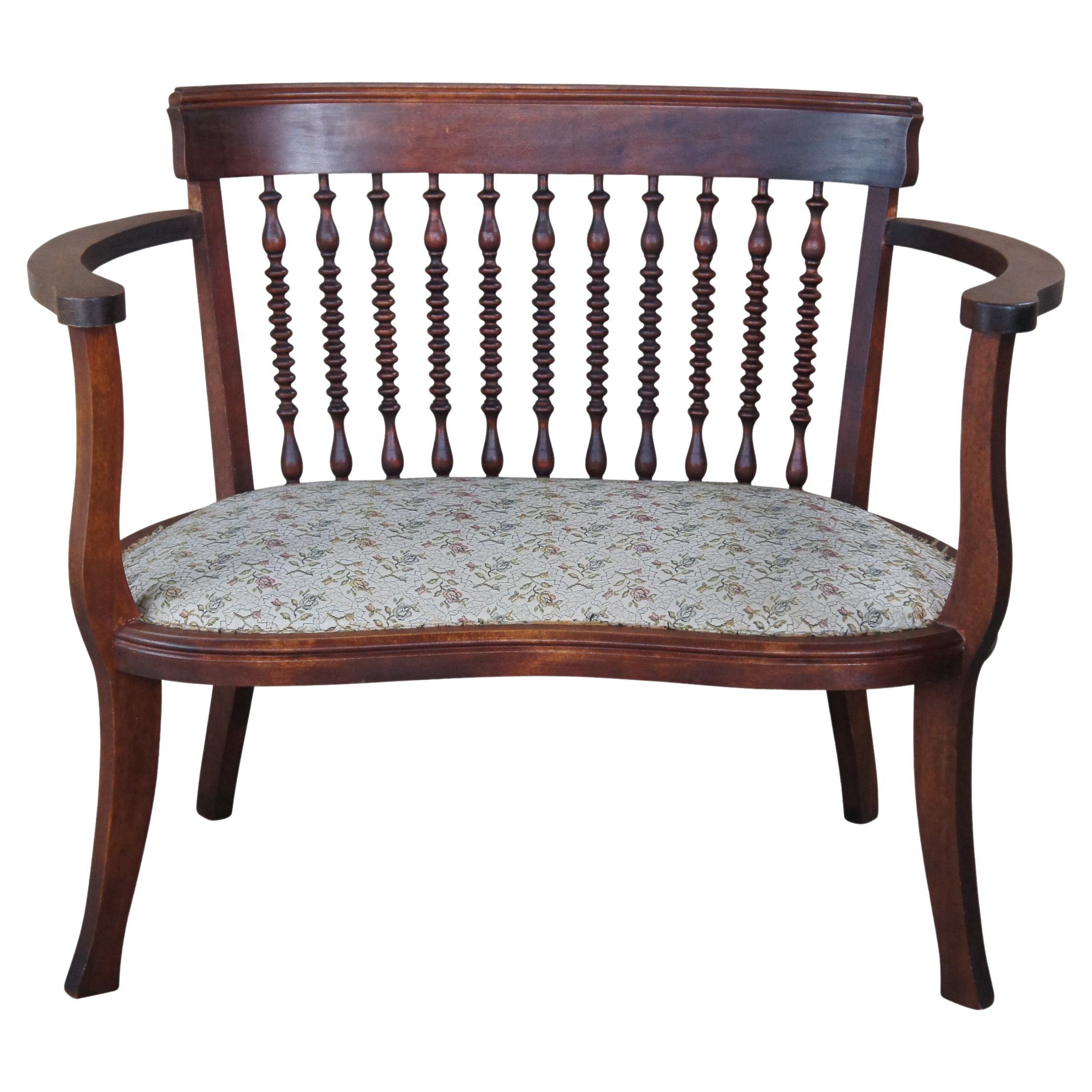 Antique Edwardian Mahogany Spindled Barrel Back Kidney Shaped Floral Seat Settee For Sale