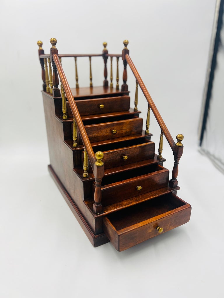 Antique Edwardian Mahogany Staircase Model with Brass Finial Newel Posts For Sale at 1stDibs