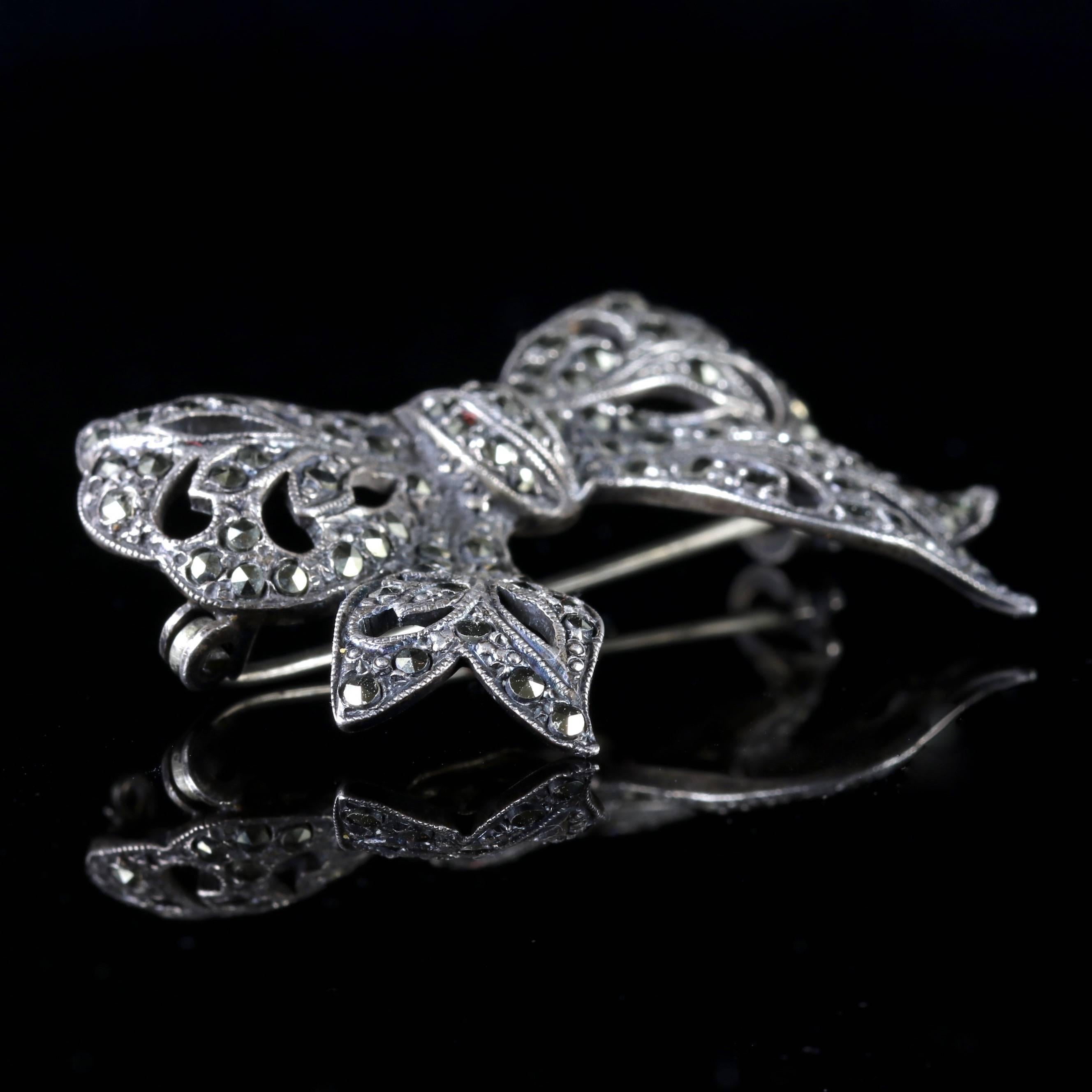 Women's Antique Edwardian Marcasite Bow Brooch Silver, circa 1910 For Sale