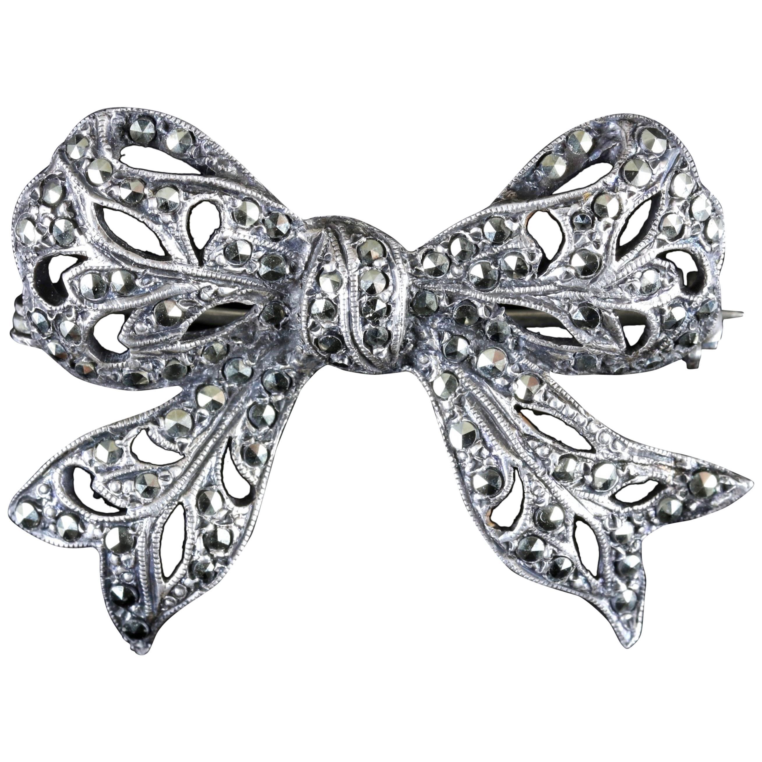 Antique Edwardian Marcasite Bow Brooch Silver, circa 1910 For Sale
