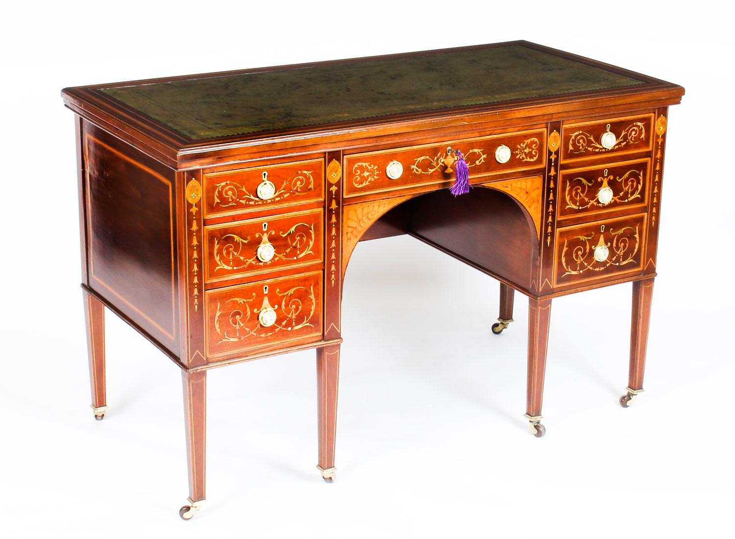 Antique Edwardian Marquetry Inlaid Desk Writing Table, 19th Century 10