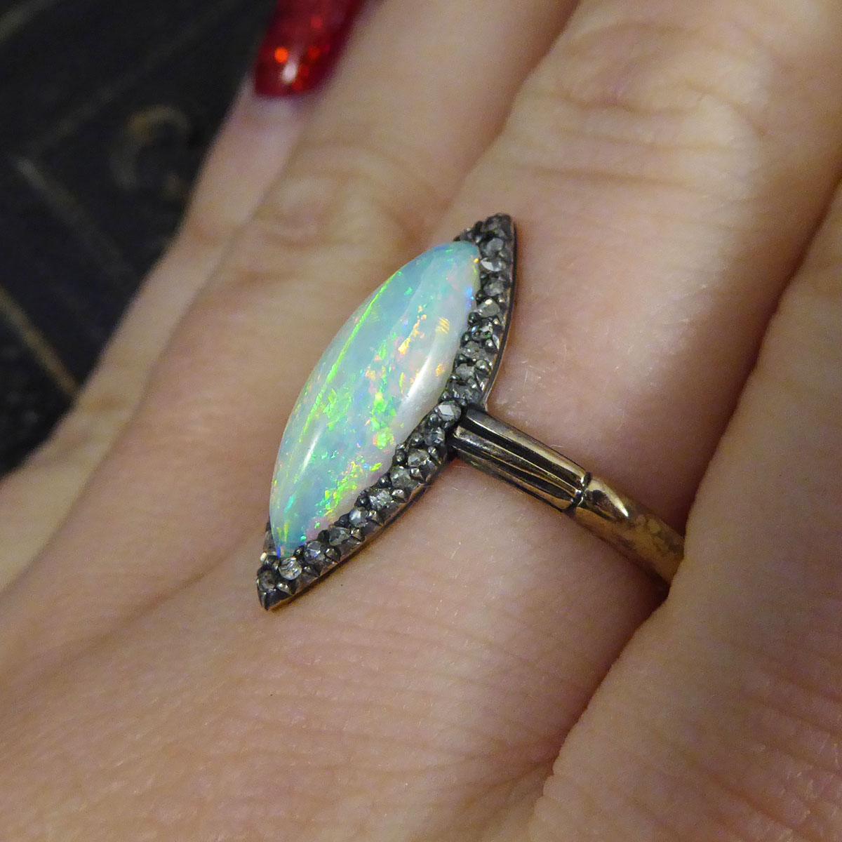 Antique Edwardian Marquise Opal and Rose Cut Diamond Surround in 9ct Yellow Gold In Good Condition For Sale In Yorkshire, West Yorkshire