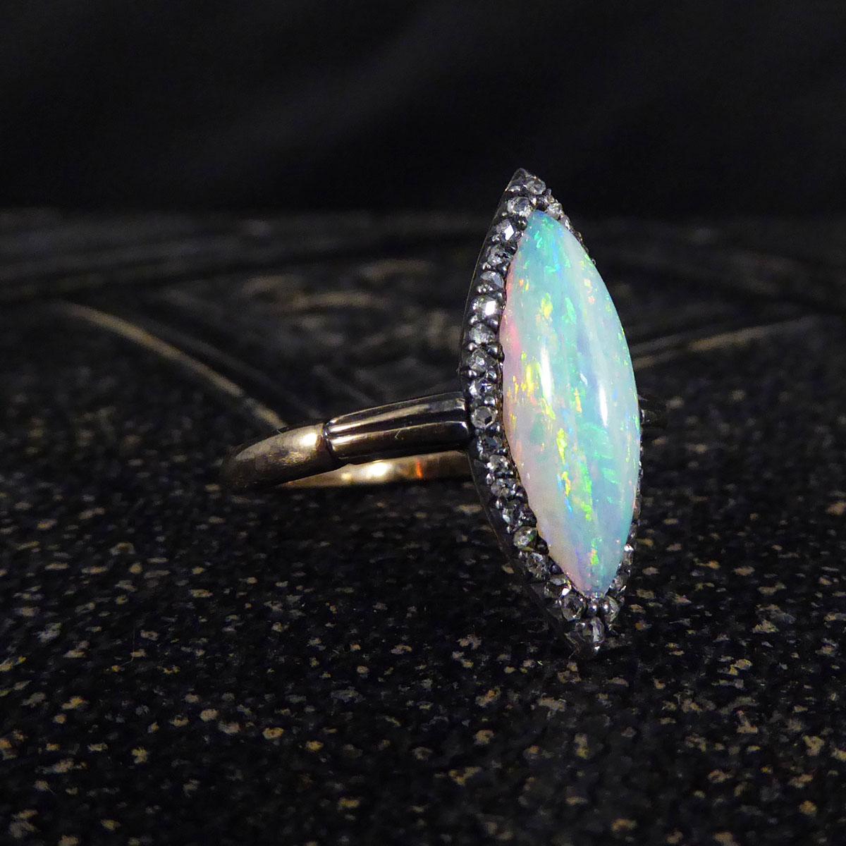 Women's or Men's Antique Edwardian Marquise Opal and Rose Cut Diamond Surround in 9ct Yellow Gold For Sale