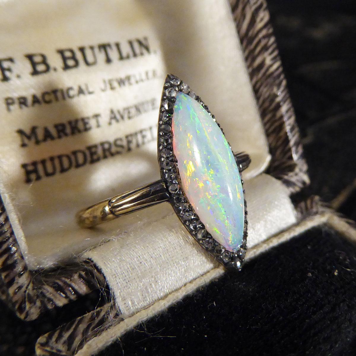 Antique Edwardian Marquise Opal and Rose Cut Diamond Surround in 9ct Yellow Gold For Sale 2