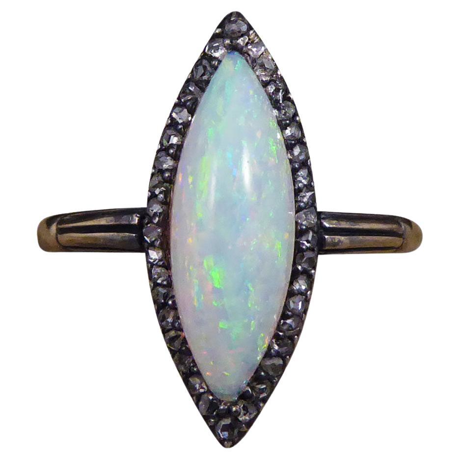 Antique Edwardian Marquise Opal and Rose Cut Diamond Surround in 9ct Yellow Gold For Sale