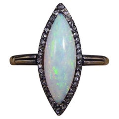 Antique Edwardian Marquise Opal and Rose Cut Diamond Surround in 9ct Yellow Gold