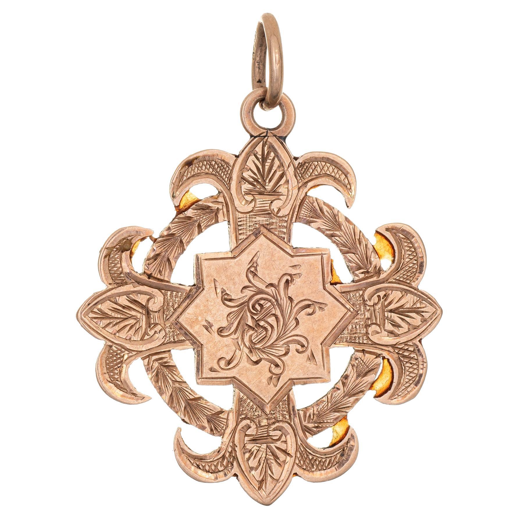 Antique Edwardian Medallion 9k Rose Gold Pendant Vintage Fine Jewelry Fob 1906