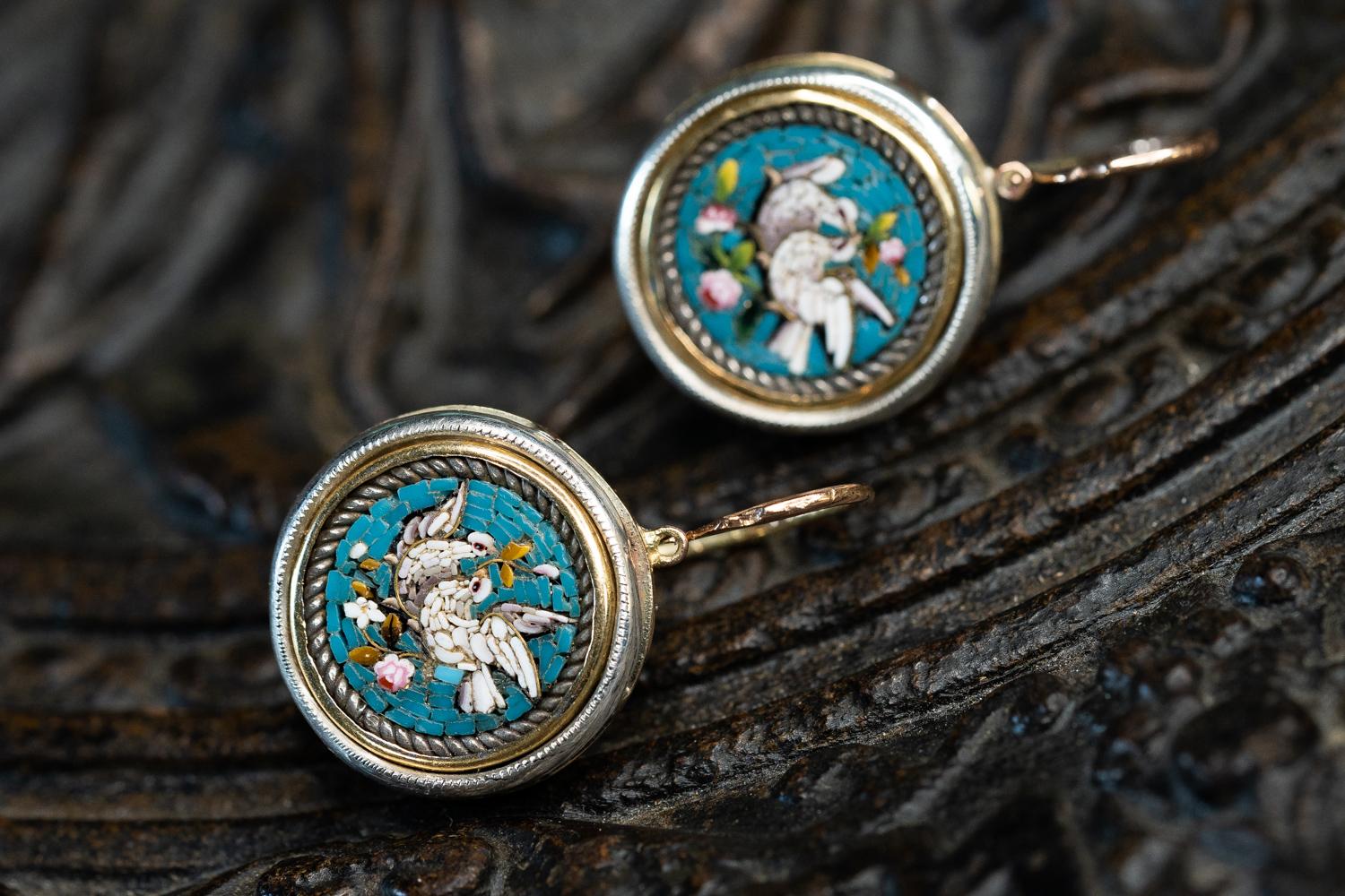 Cabochon Antique Edwardian Micro Mosaic Pair of Doves Drop Earrings, Gold Dove Earrings