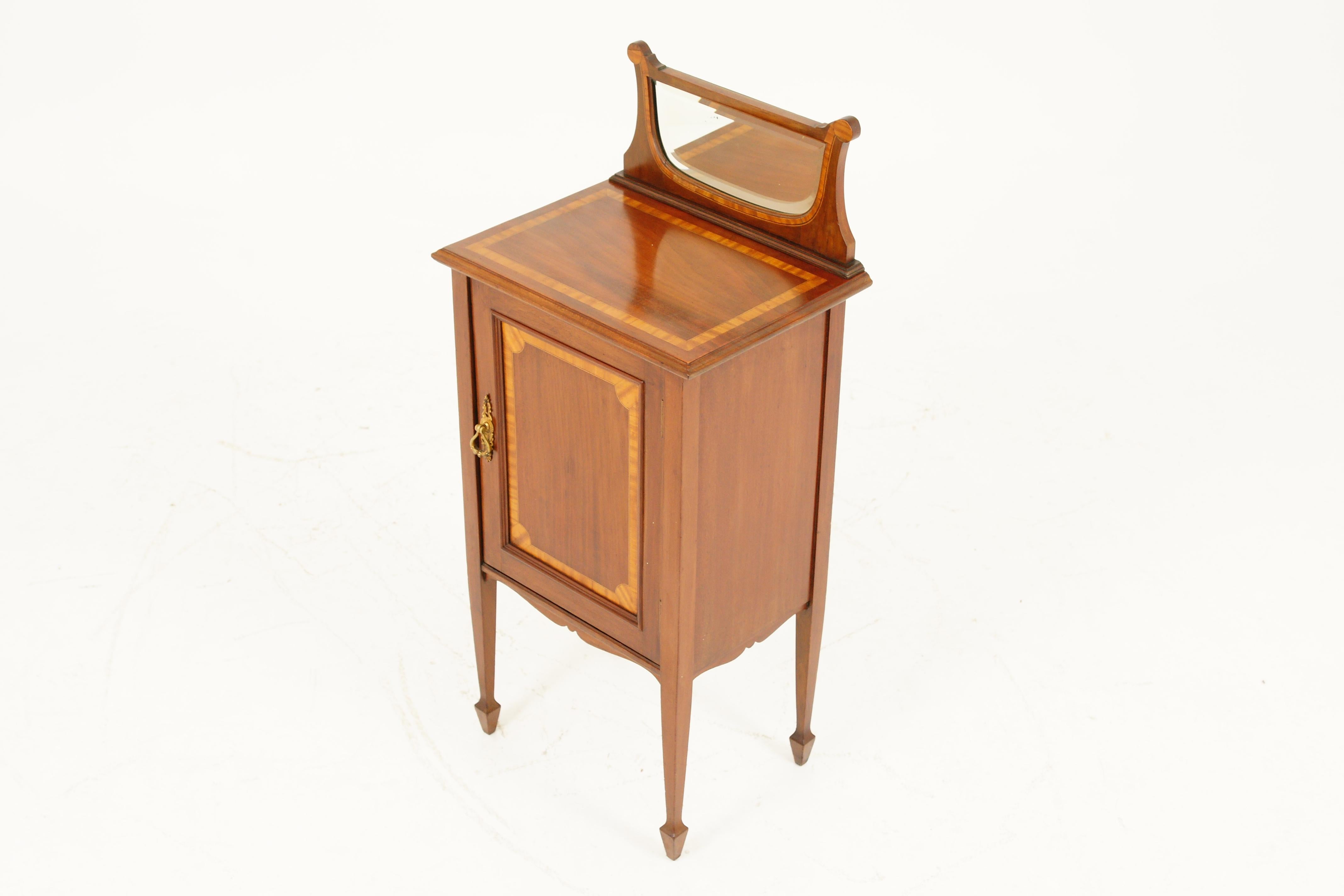 Walnut Antique Edwardian Mirror Back Inlaid Nightstand, Bedside, Lamp Table 1900, B1735
