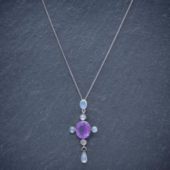 Antique Edwardian Moonstone Amethyst Pendant Necklace Silver, circa 1910