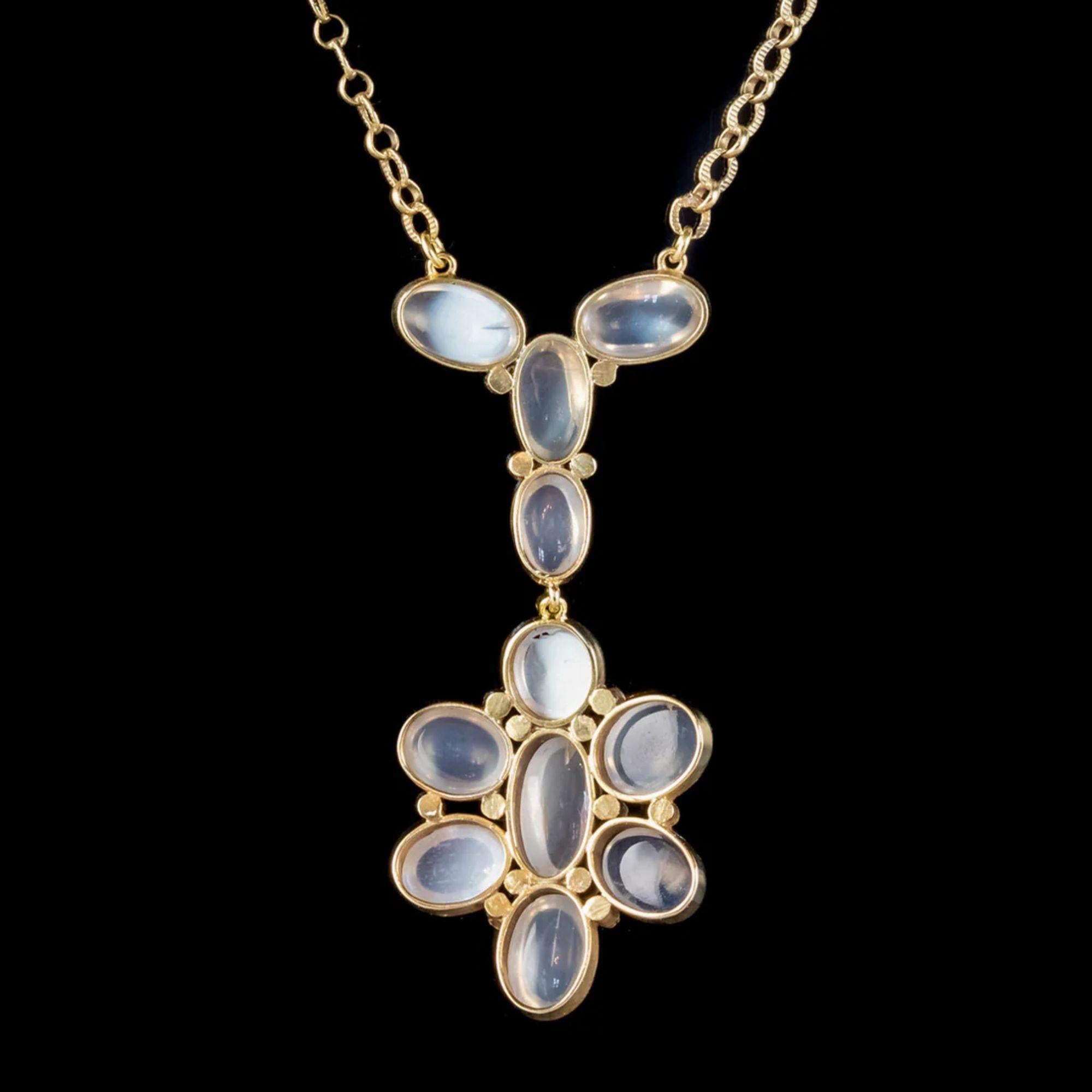 Antique Edwardian Moonstone Lavaliere Pendant Necklace Silver Gold Gilt In Good Condition For Sale In Kendal, GB